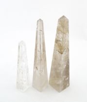 Three carved quartz hardstone obelisks. Largest approx. 10 3/4" high (3) Please Note - we do not