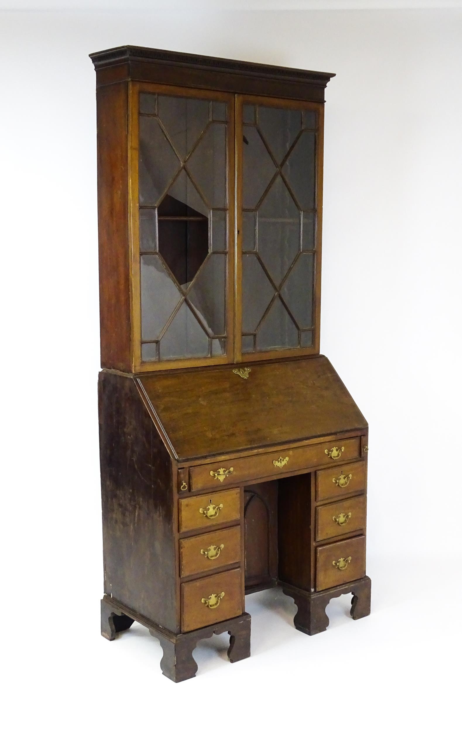 A Georgian mahogany bureau bookcase, with a moulded top above two astragal glazed doors and a fall - Image 3 of 11