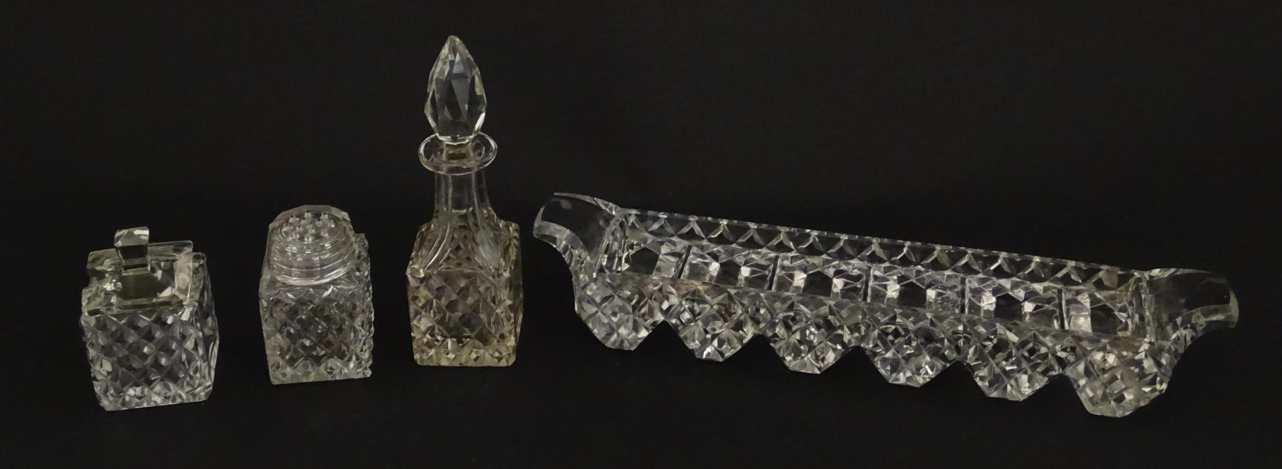 Assorted glass items to include eleven knife rests, cruet, and candle stands of pricket form by - Image 7 of 15