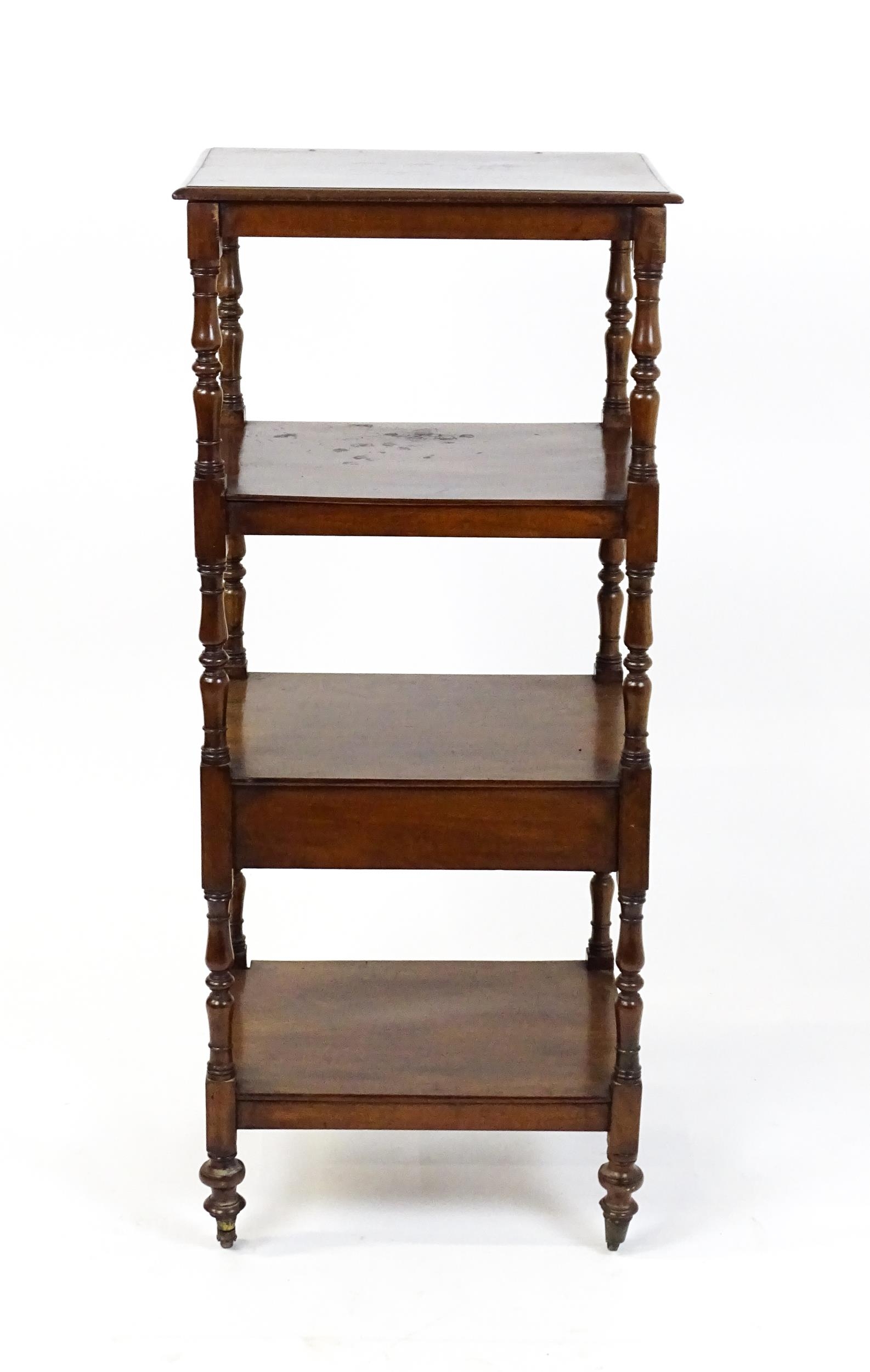 A 19thC mahogany four tier whatnot with the top tier having an adjustable tilt top, the tiers raised - Image 2 of 5