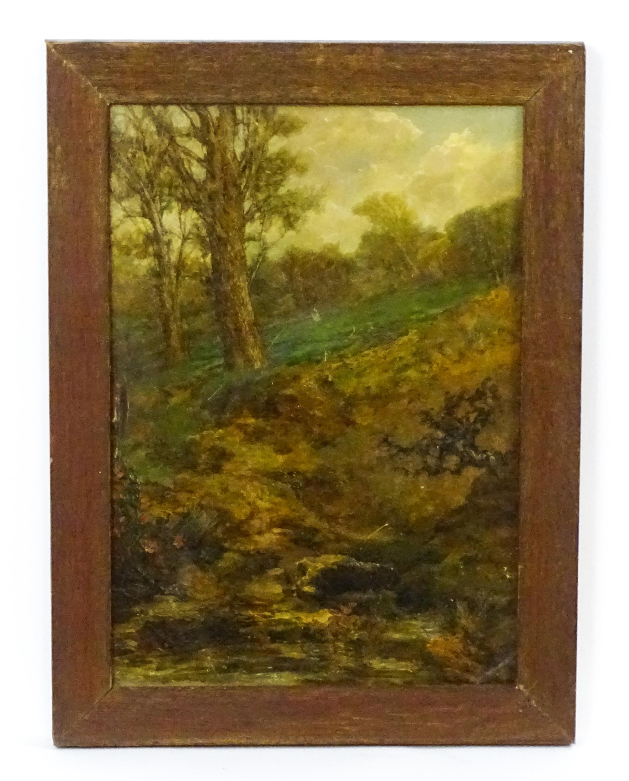 Manner of John Mace, Early 20th century, Oil on board, A wooded landscape with a stream in the