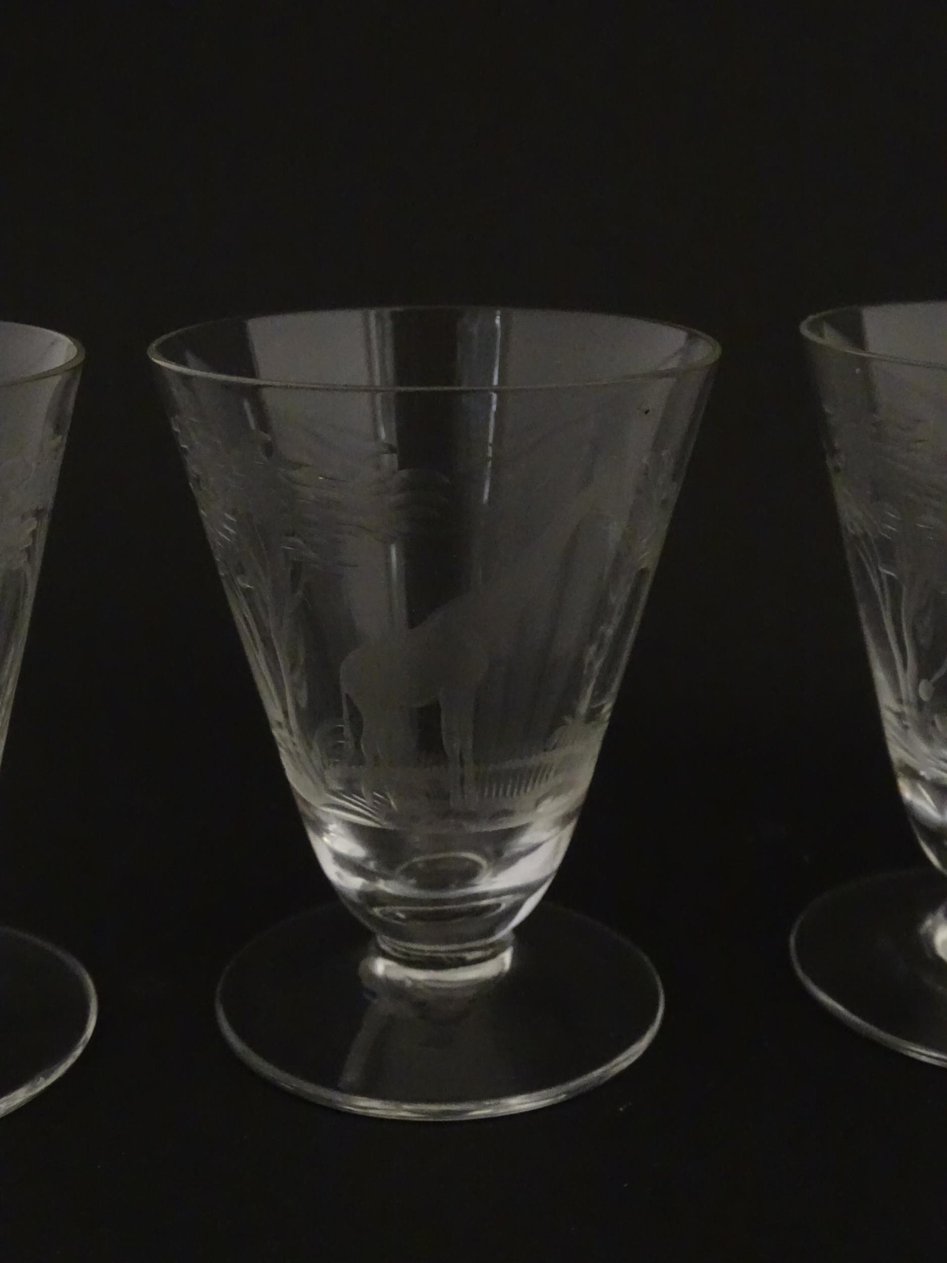 Rowland Ward sherry / liquor glasses with engraved Safari animal detail. Unsigned. Largest approx. - Image 12 of 26