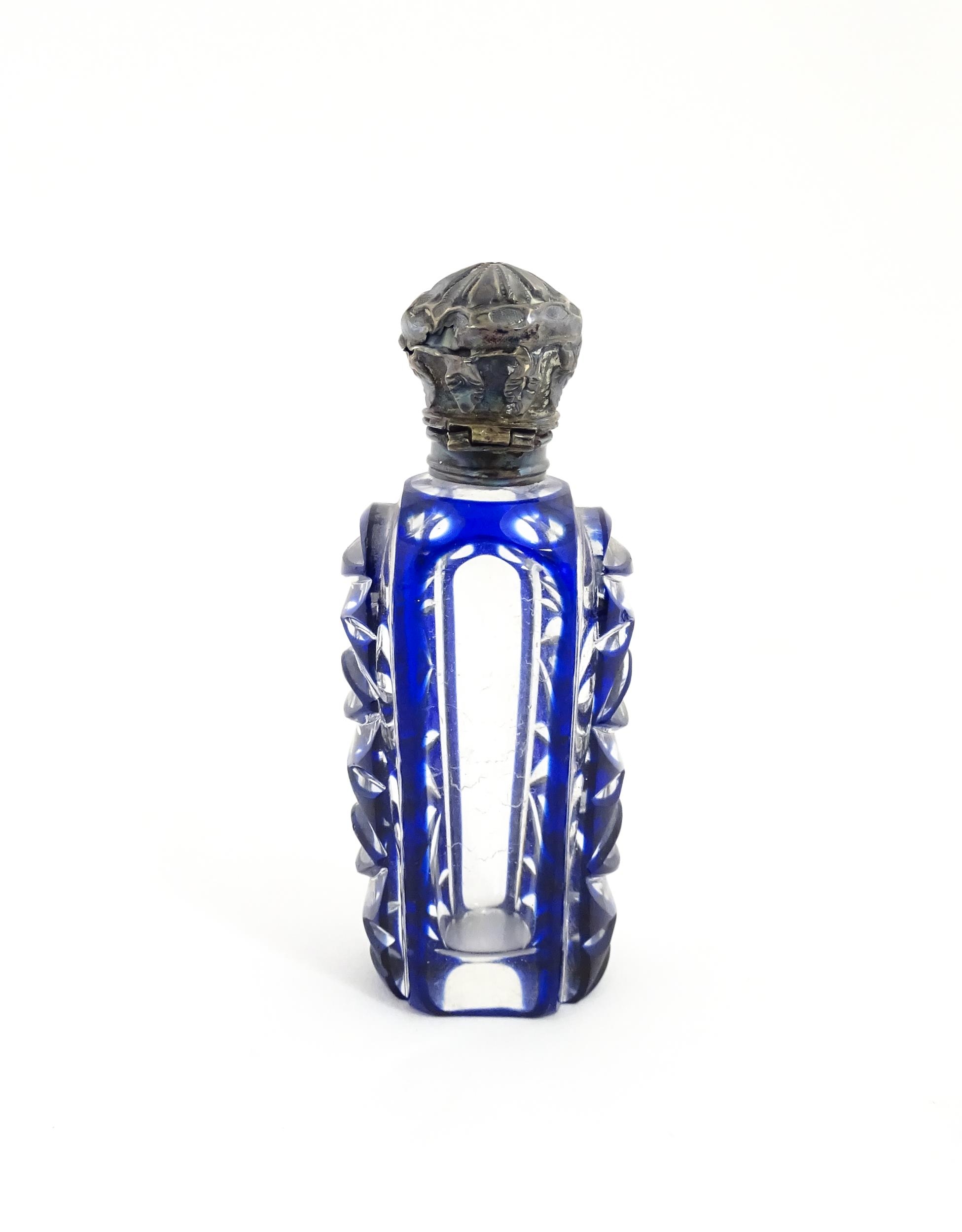 A glass scent / perfume bottle with blue flash cut decoration. Together with a Bristol blue coloured - Image 3 of 13