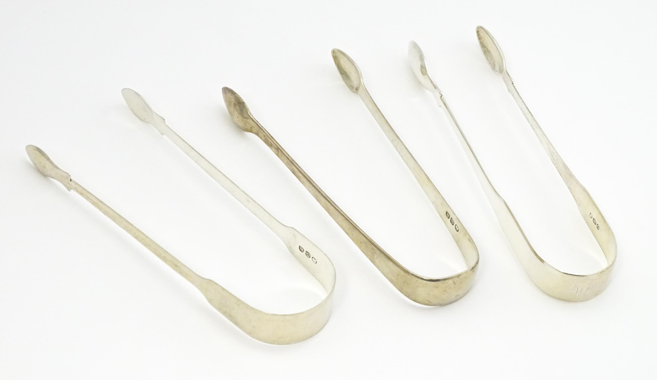 Three Georgian silver Fiddle and Old English pattern sugar tongs hallmarks to include London 1809, - Image 3 of 9