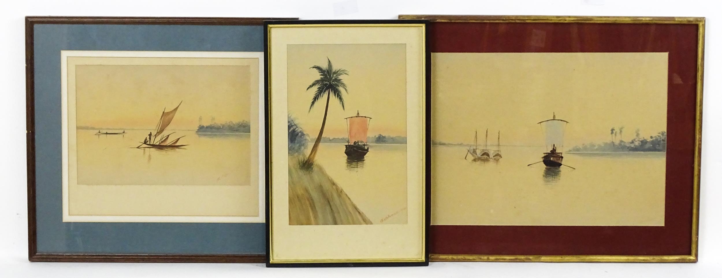 G. Ghose, Early 20th century, Indian School, Watercolours, Three river scenes with fishing boats and