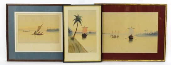 G. Ghose, Early 20th century, Indian School, Watercolours, Three river scenes with fishing boats and