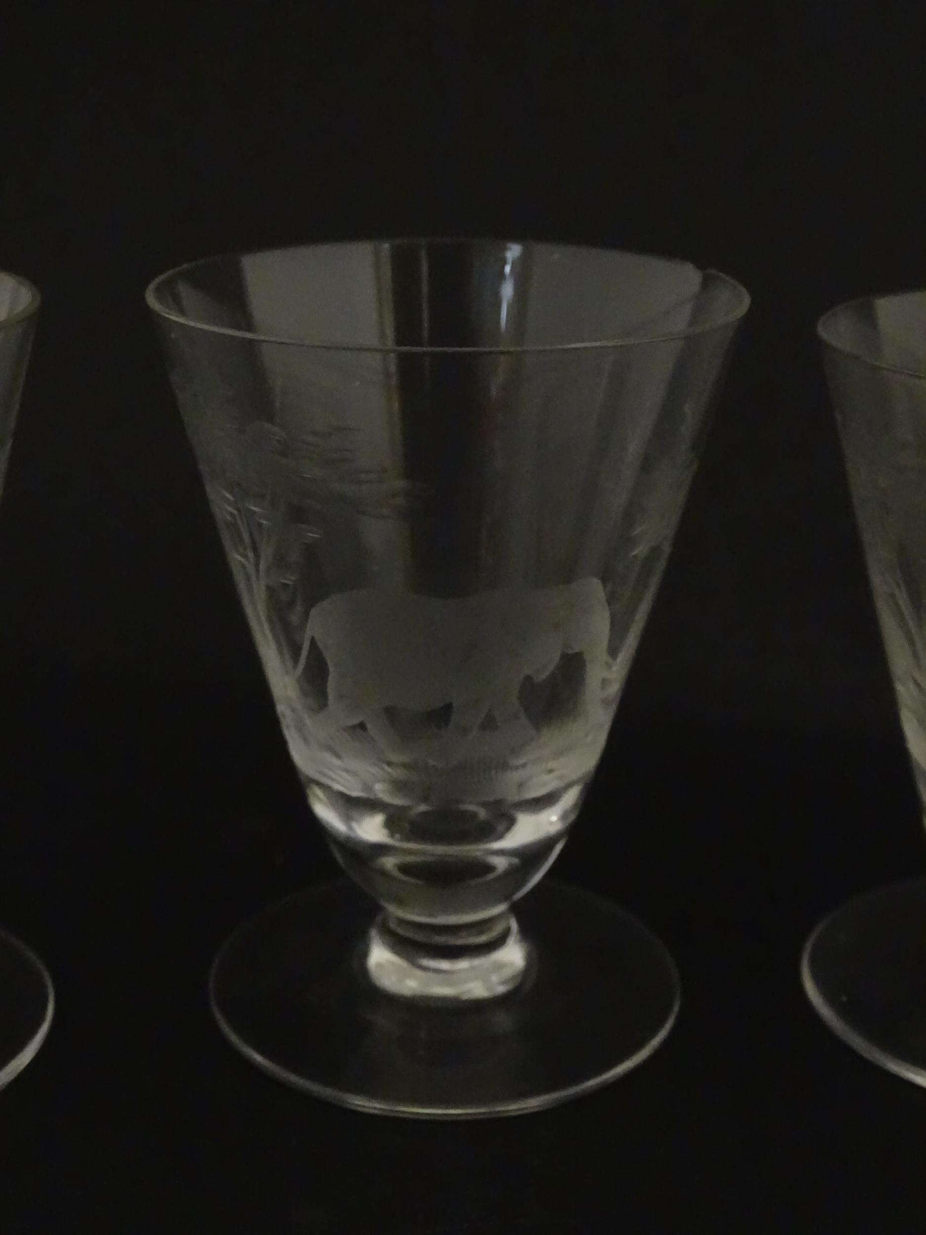 Rowland Ward sherry / liquor glasses with engraved Safari animal detail. Unsigned. Largest approx. - Image 11 of 26