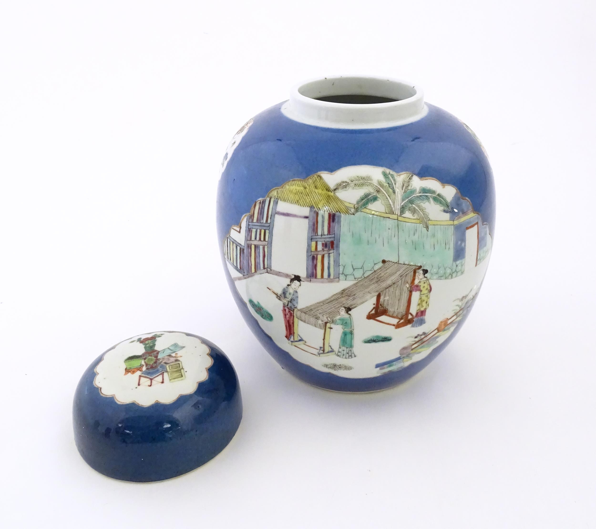 A Chinese famille verte ginger jar with a blue ground decorated with figures weaving at a loom and a - Image 3 of 8