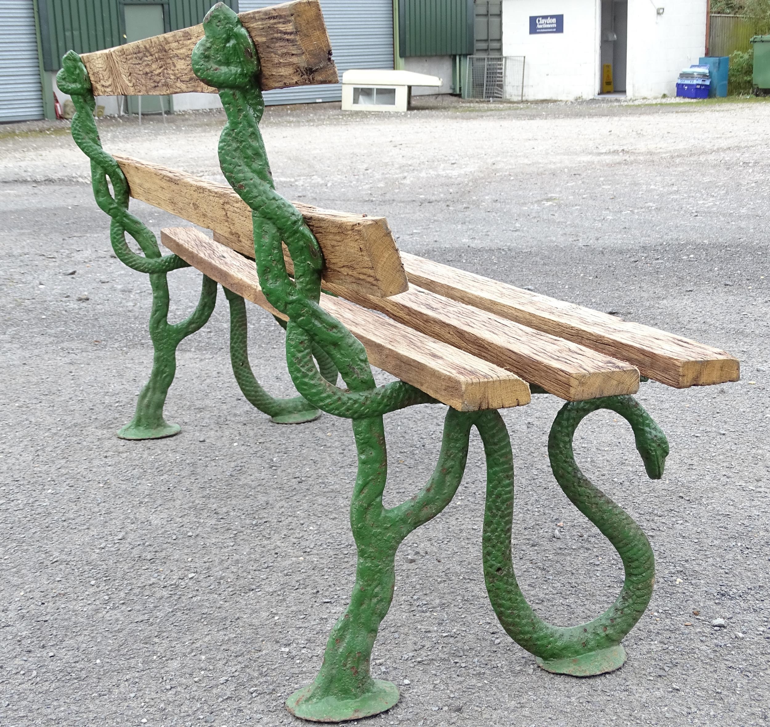 Garden & Architectural : a Coalbrookdale style cast iron and oak slatted garden bench, the - Image 7 of 8