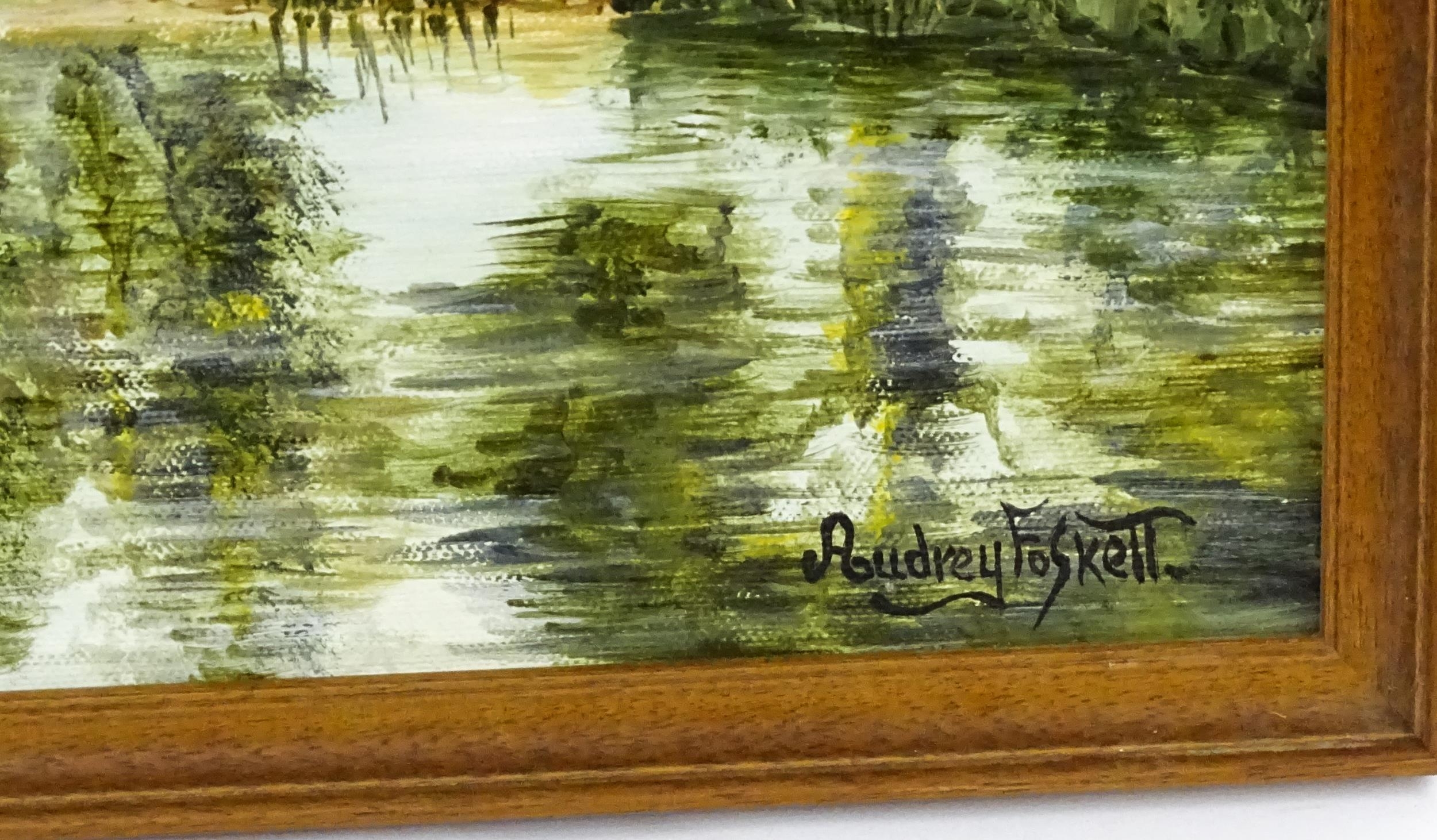 Audrey Foskett, 20th century, Oil on canvas, A river lined by a row of trees with building beyond. - Image 4 of 4