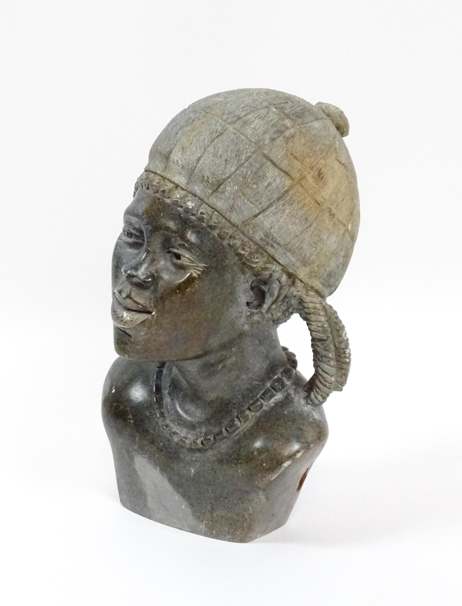 Ethnographic / Native / Tribal : An African carved soapstone bust modelled as a woman wearing a - Image 4 of 6
