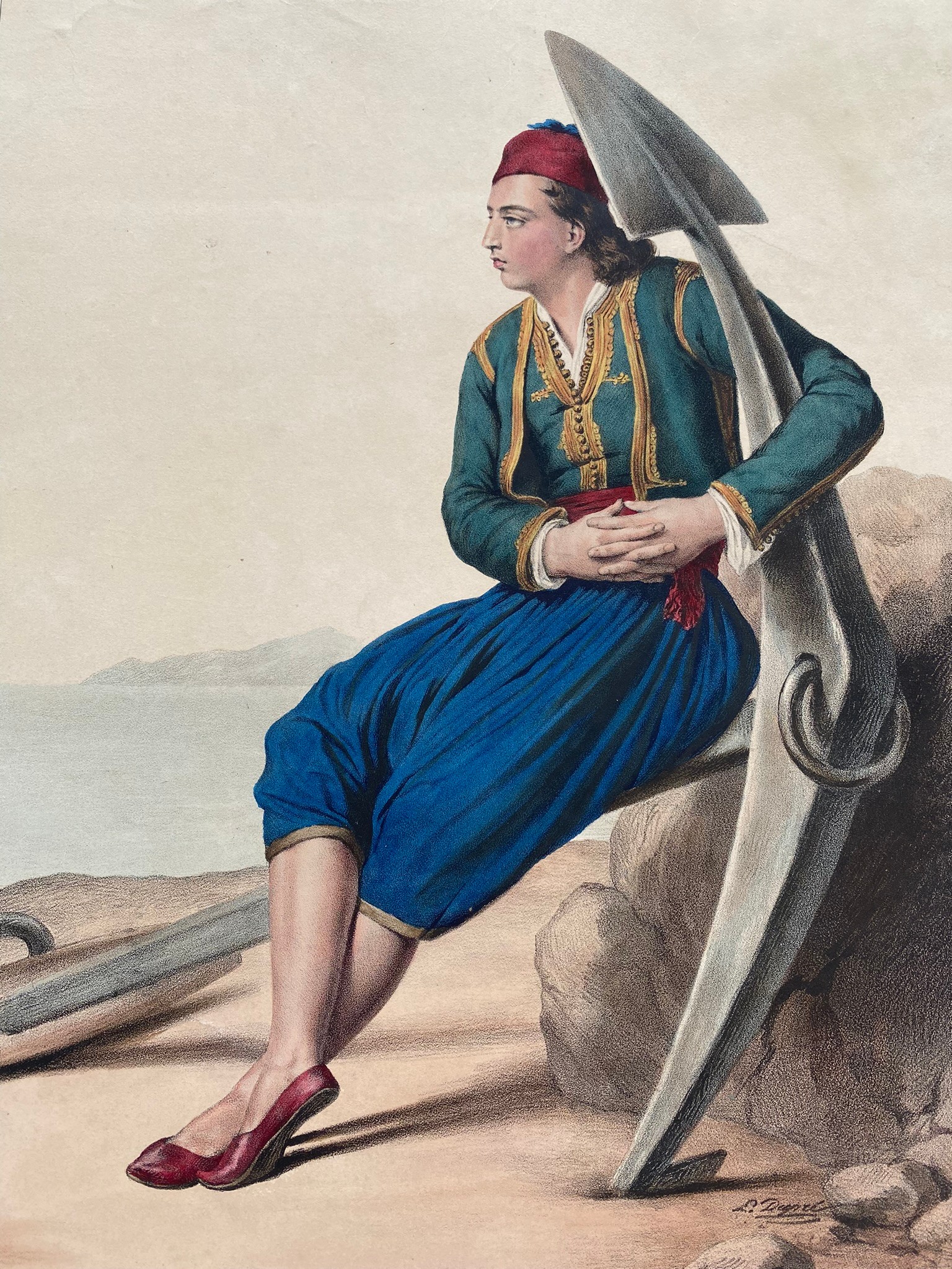 Louis Dupre (1789-1837), Original lithograph hand coloured with watercolour, Titled Grec d'Hidra - - Image 2 of 4