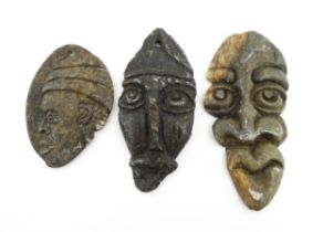 Ethnographic / Native / Tribal : Three African carved soapstone amulets / talisman of mask form.