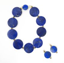 A 20thC necklace set with Lapis lazuli disc beads with yellow metal bead detail and matching