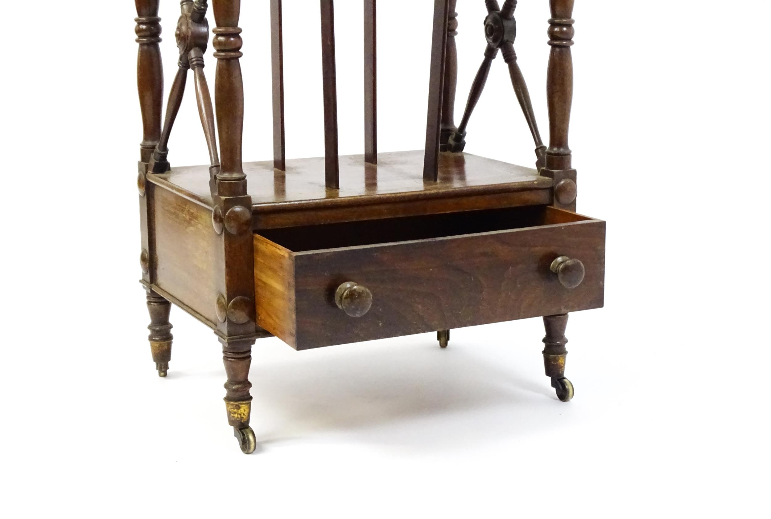 An early 19thC mahogany whatnot Canterbury surmounted by turned uprights and a small shelf above - Image 4 of 12