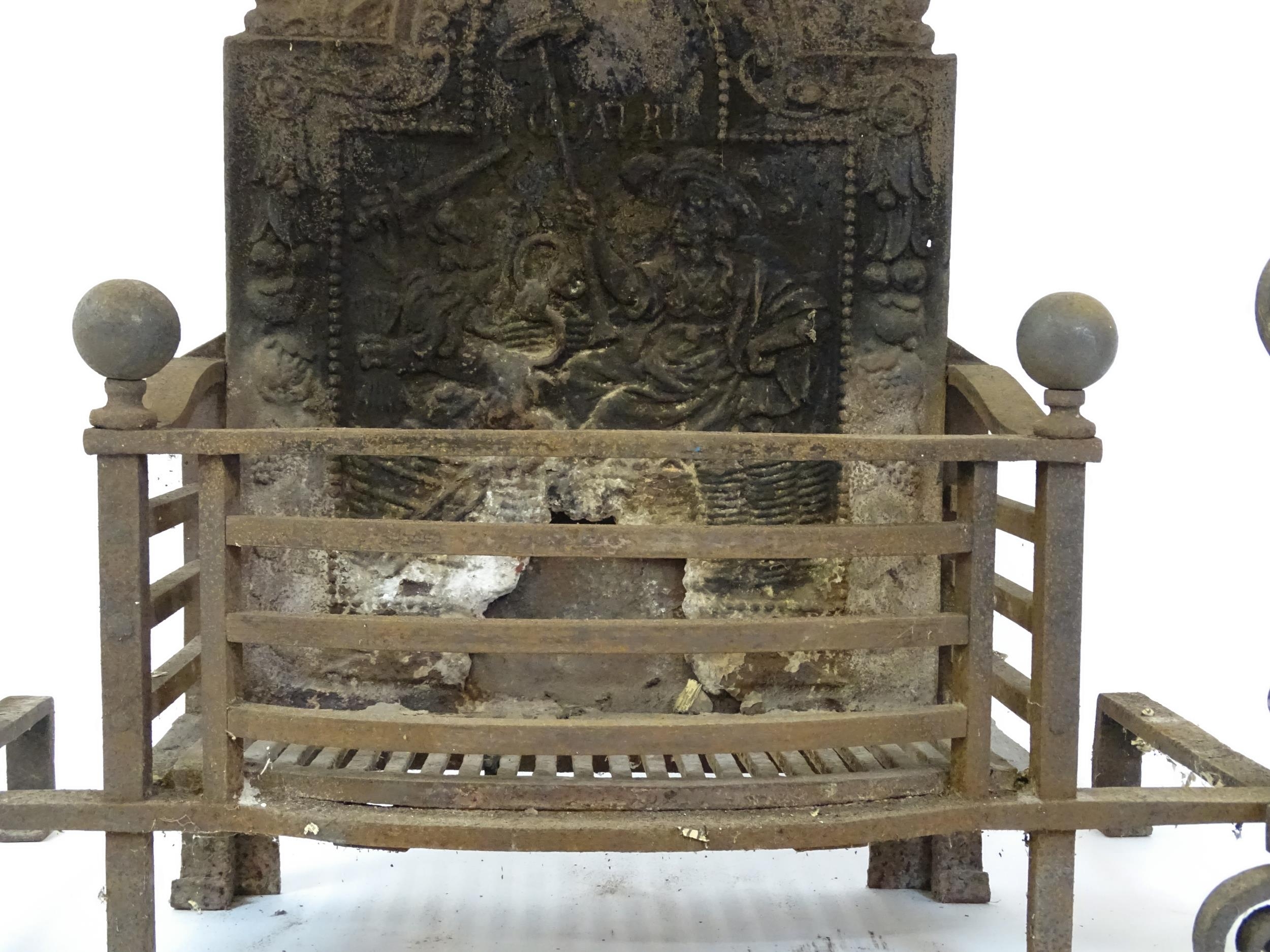 A large cast iron fire basket, the back decorated with figure and lion, marked 'Hollandia Pro - Image 14 of 18