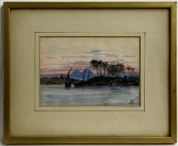19th century, Watercolour, A view of the River Nile in Egypt with pyramids beyond fishing boats /