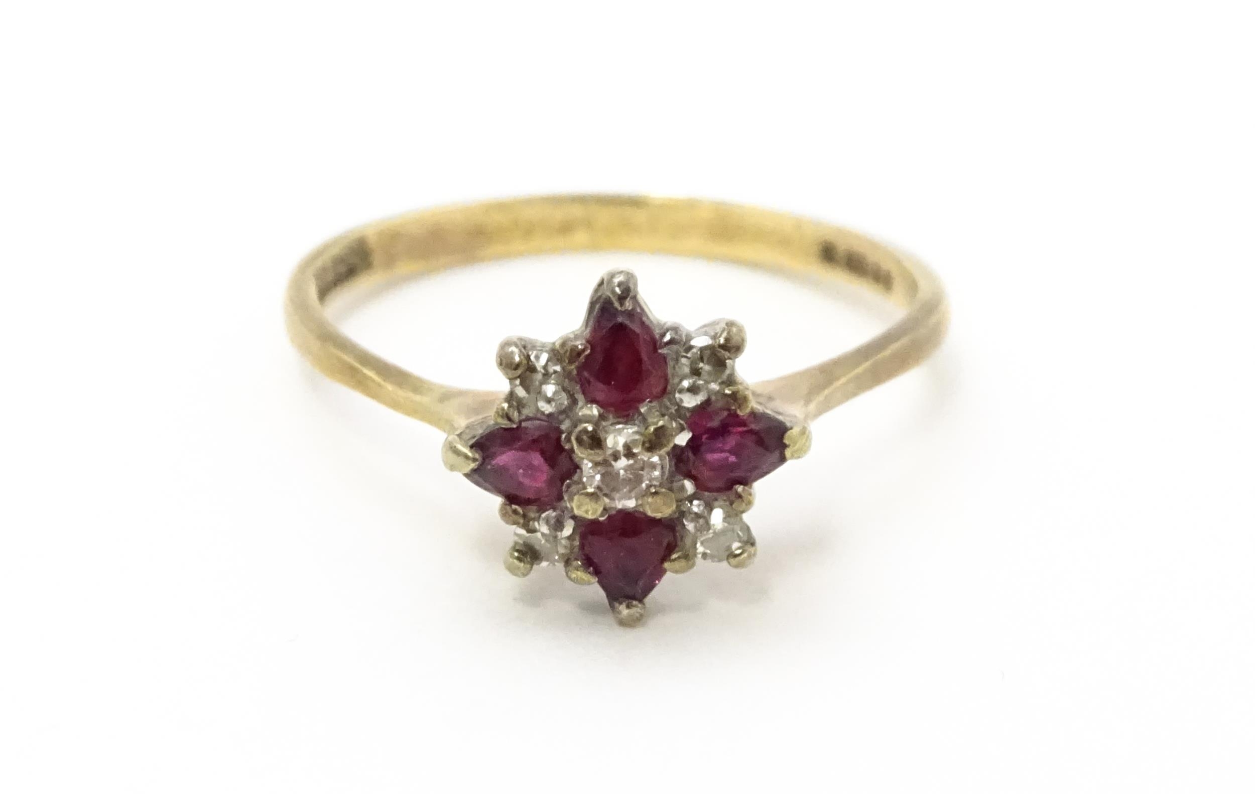 A 9ct gold ring set with diamonds and red stones. Ring size approx. M 1/2 Please Note - we do not - Image 2 of 7