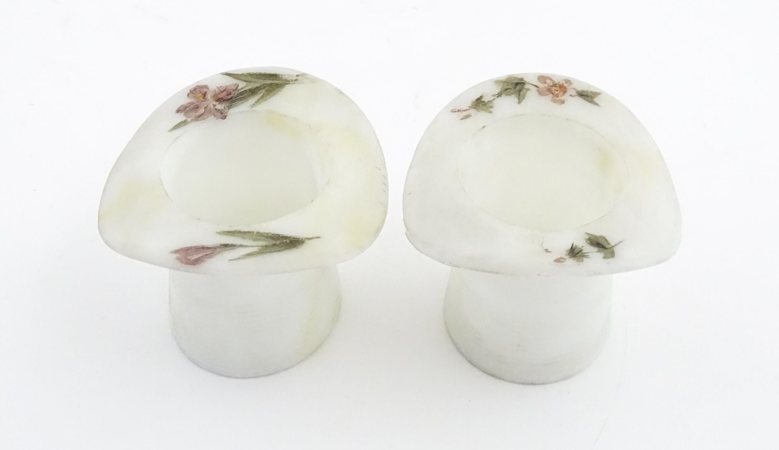 A pair of milk glass match holders / vesta keeps formed as top hats with hand painted floral detail. - Image 9 of 13