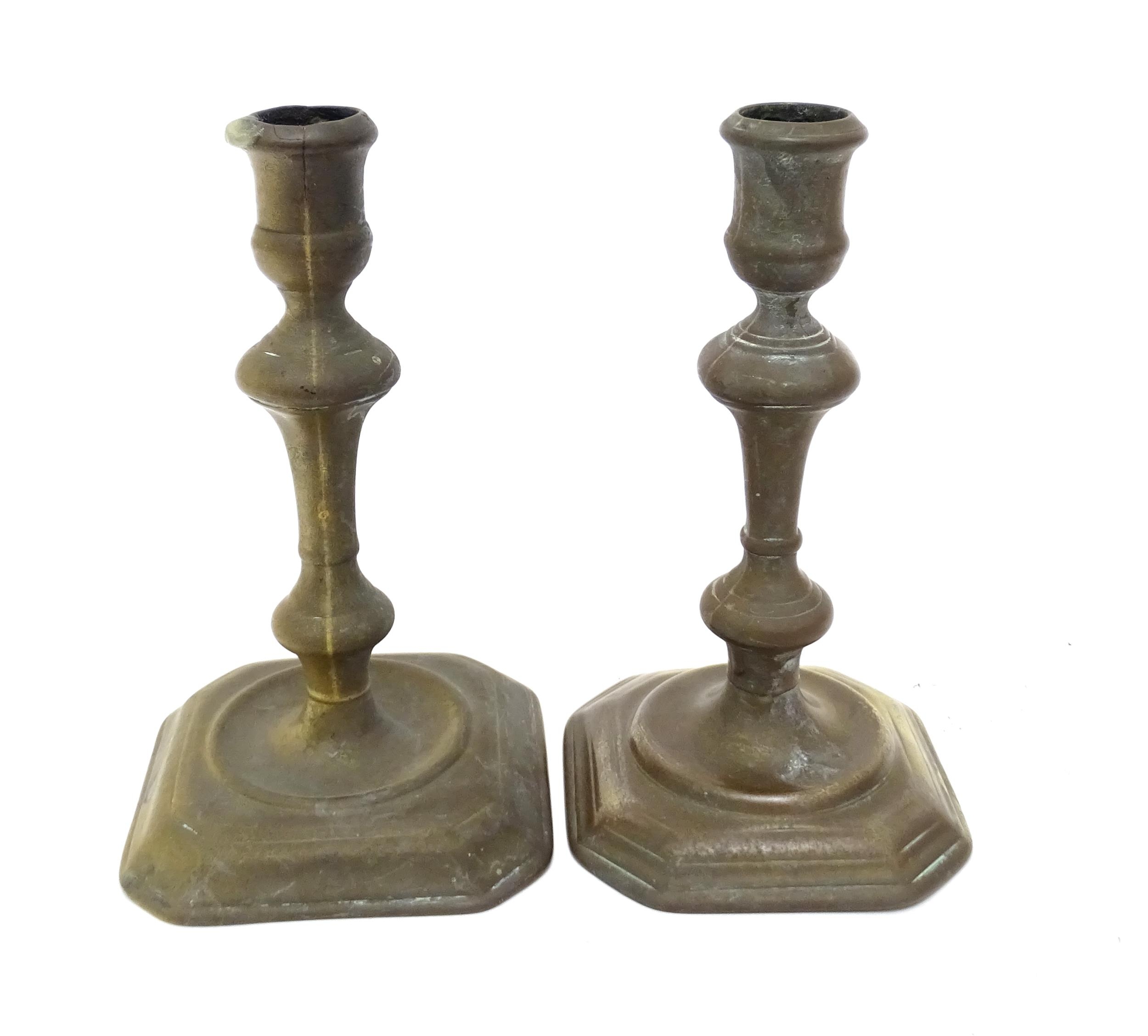 Two 18thC brass candlesticks with knop decoration to stem. Largest approx. 6 3/4" high (2) Please - Image 4 of 6