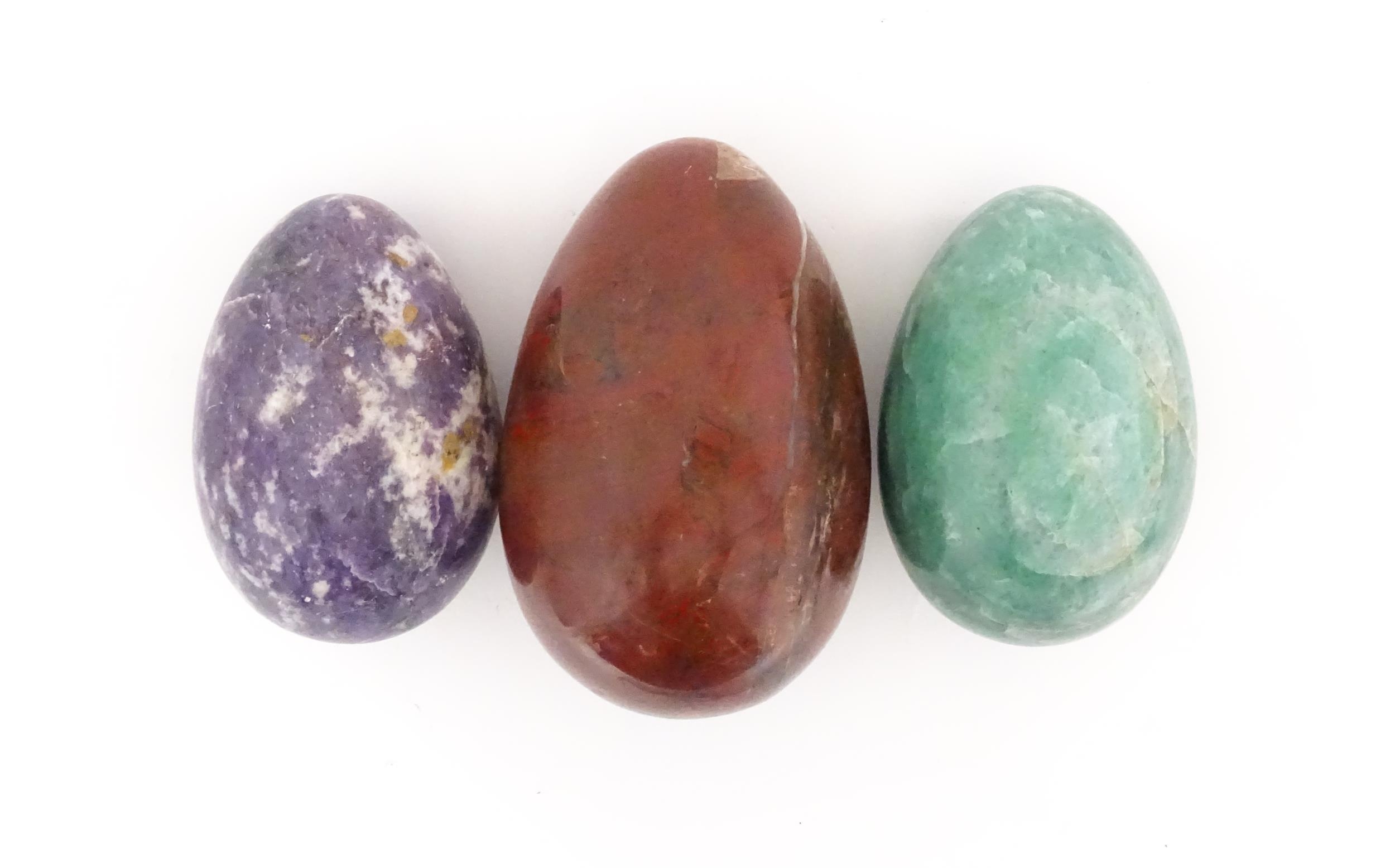 Natural History / Geology Interest: Three polished hardstone specimen eggs to include red jasper,