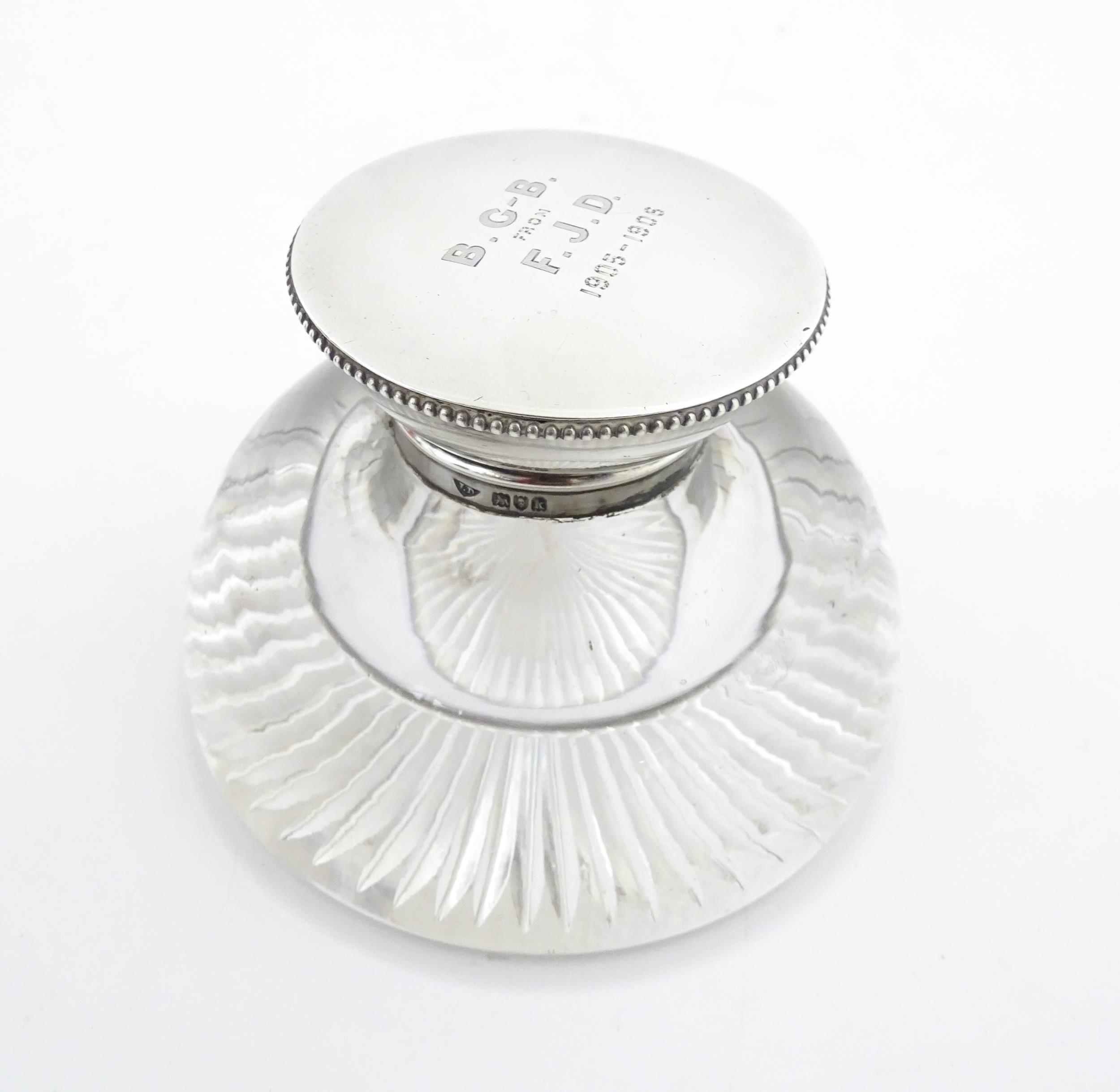 A glass inkwell with silver top hallmarked London 1905 maker James Dudley and stamped J Dudley - Image 3 of 9