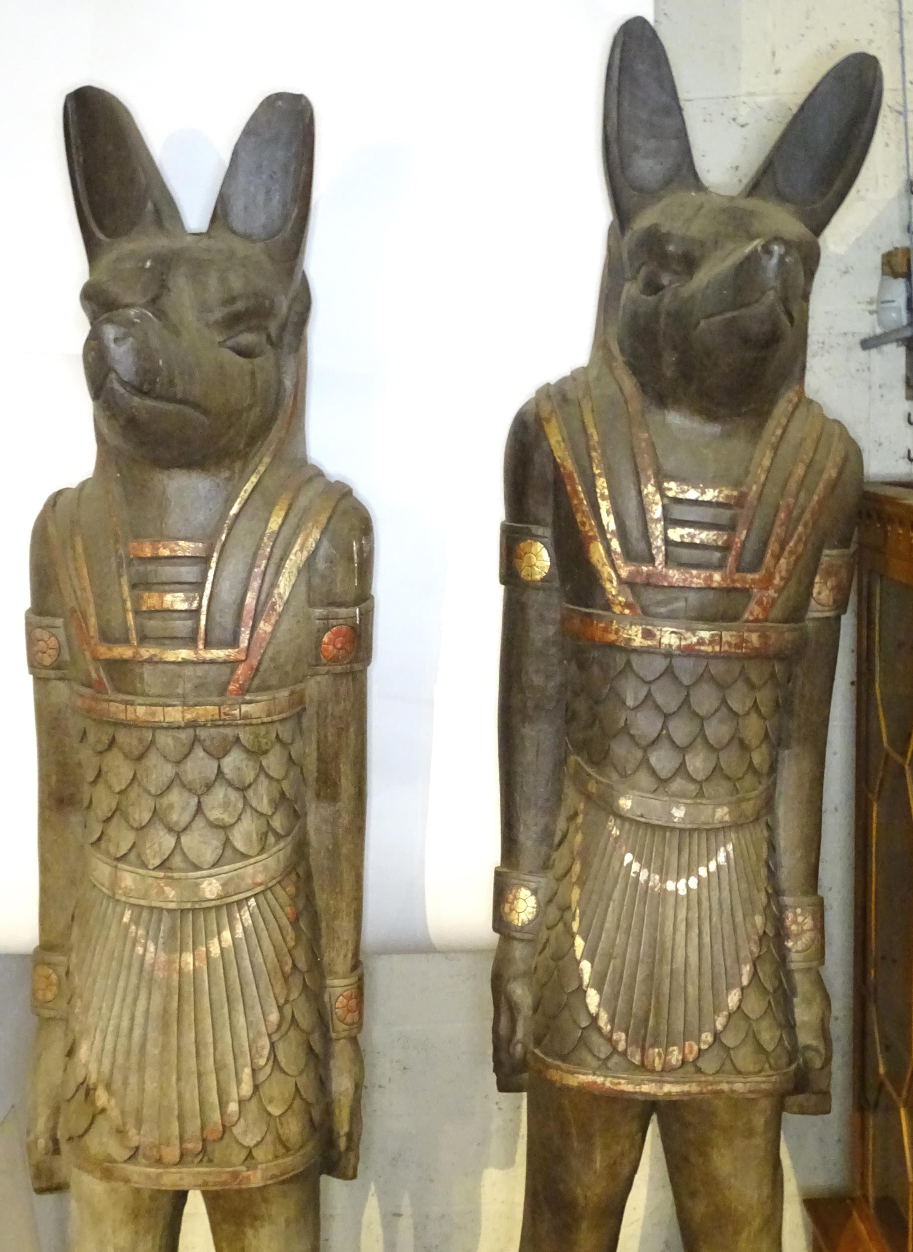 A pair of very large 20thC carved wooden standing Anubis / Ancient Egyptian dog god statues with - Image 2 of 52