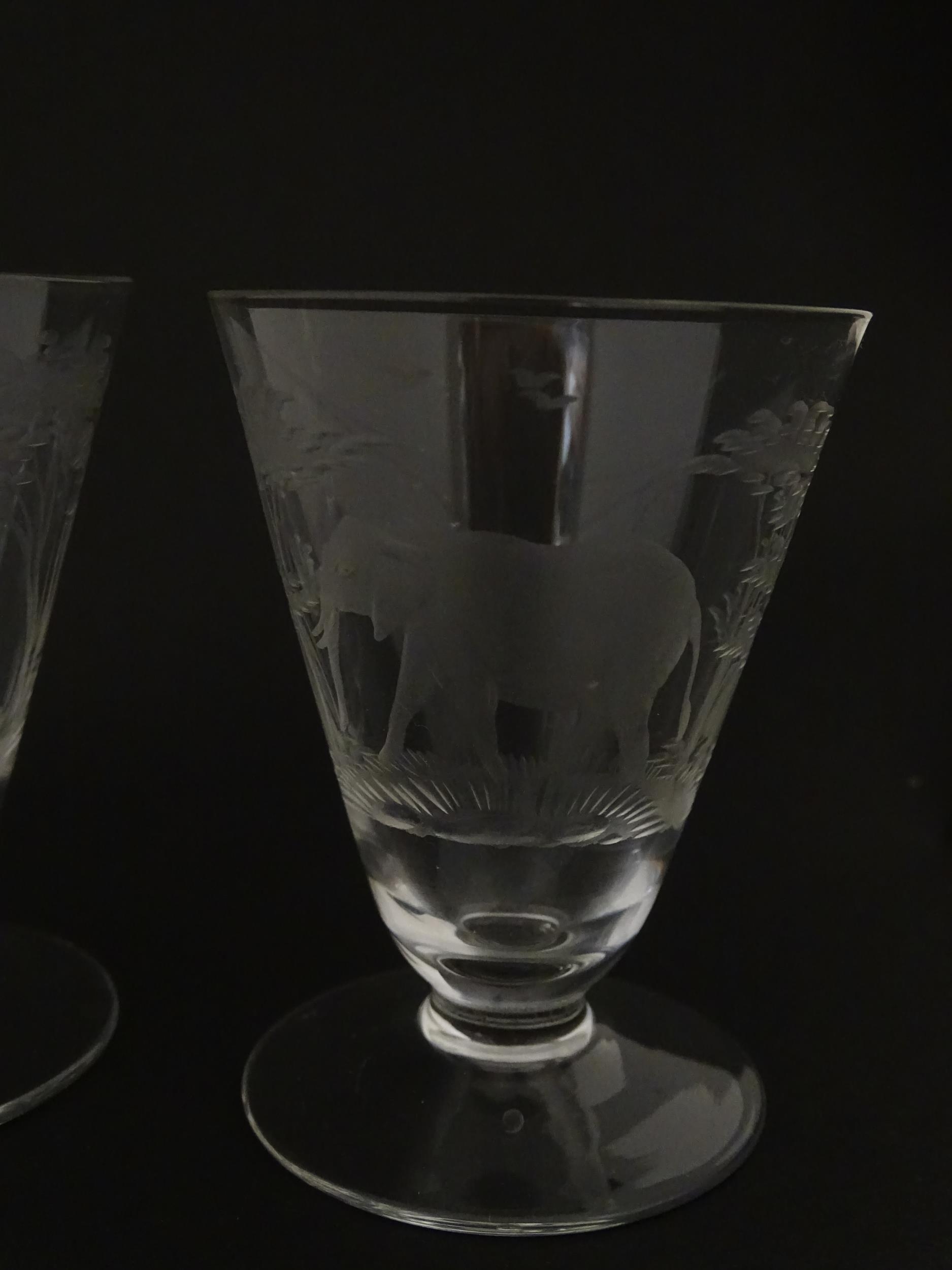 Rowland Ward sherry / liquor glasses with engraved Safari animal detail. Unsigned. Largest approx. - Image 5 of 26