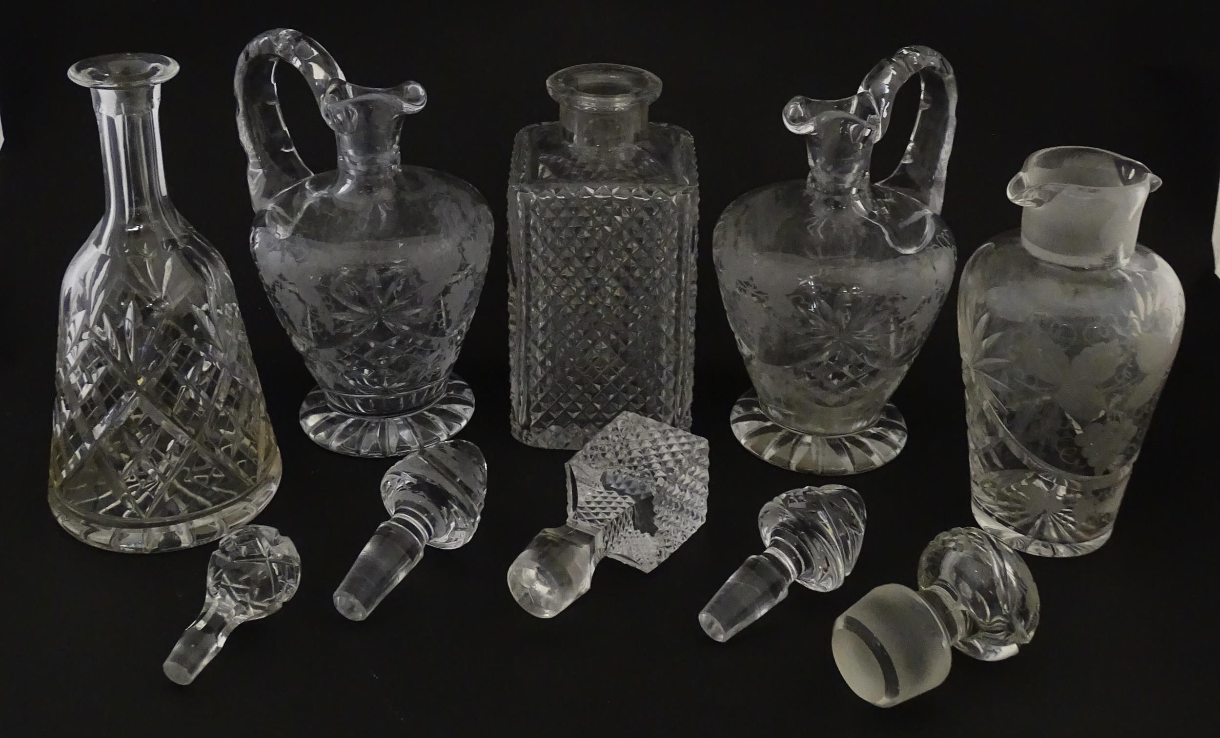 A quantity of assorted cut glass decanters, claret jugs, etc. Largest approx. 11 1/4" high (5) - Image 4 of 10