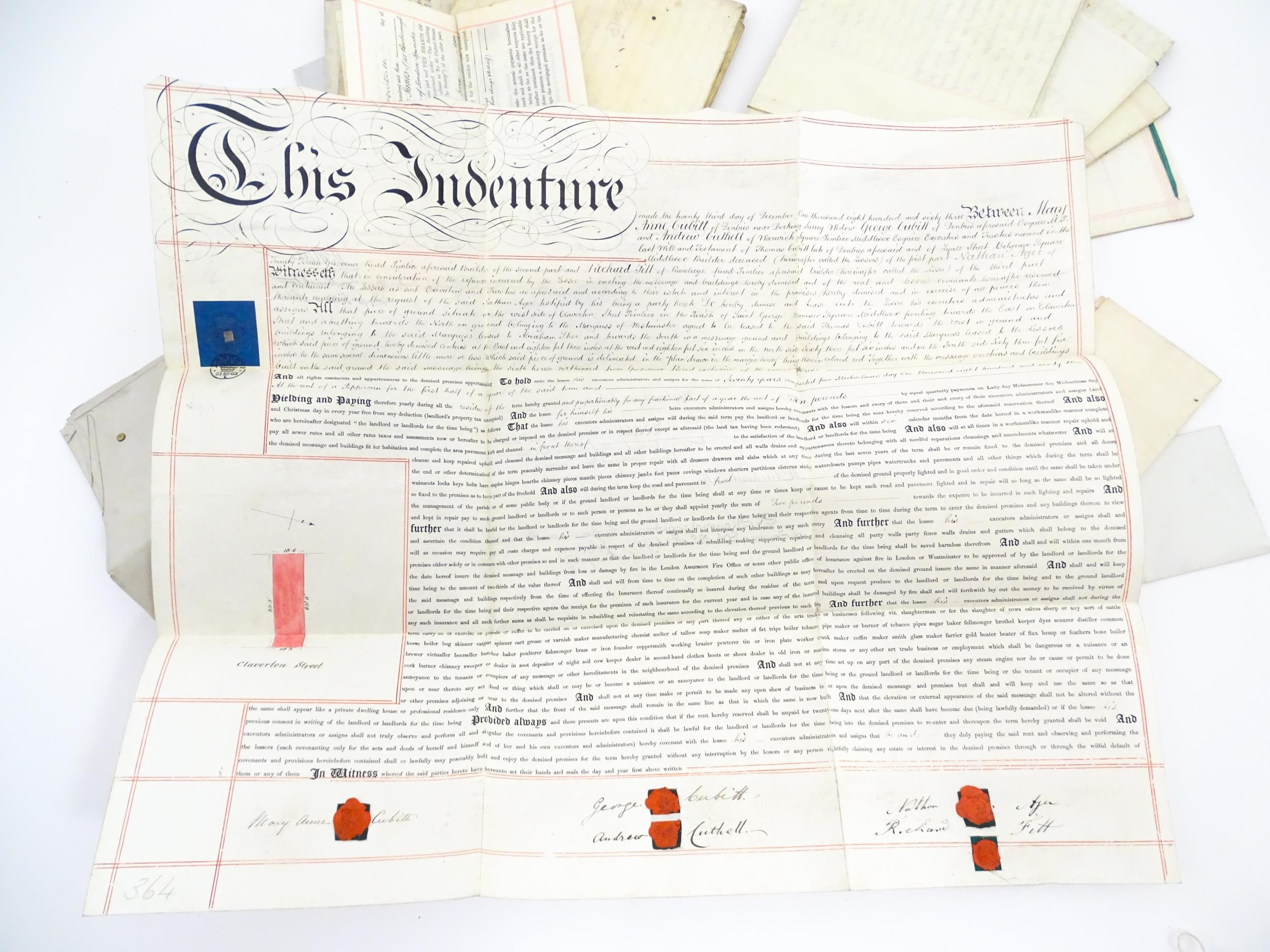 A quantity of 19thC and later deeds and indentures to include the lease of a house on the west - Image 2 of 12