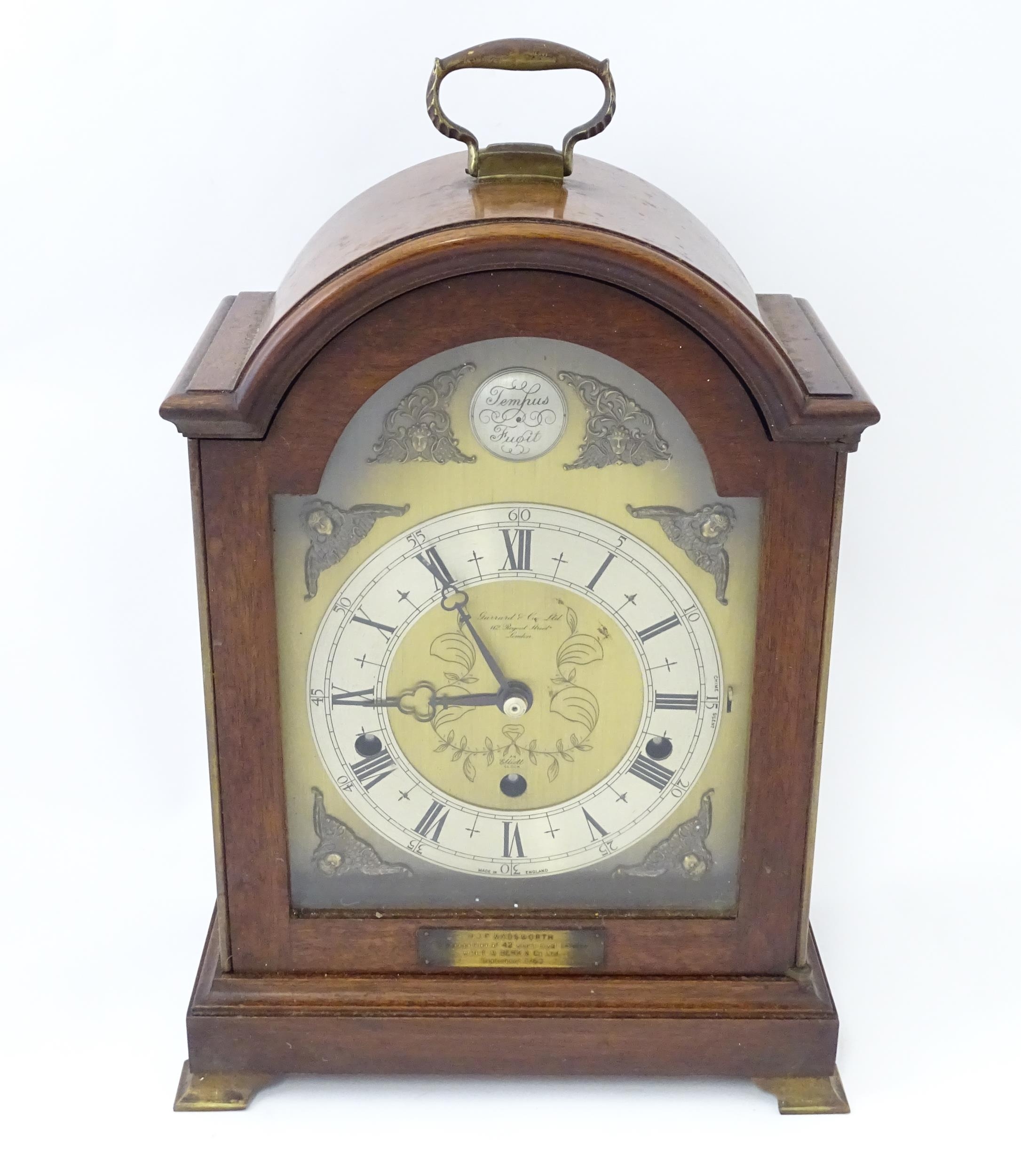 A 20th century mahogany cased Elliott 8-day chiming mantel clock, retailed by Garrard & Co of - Image 8 of 14