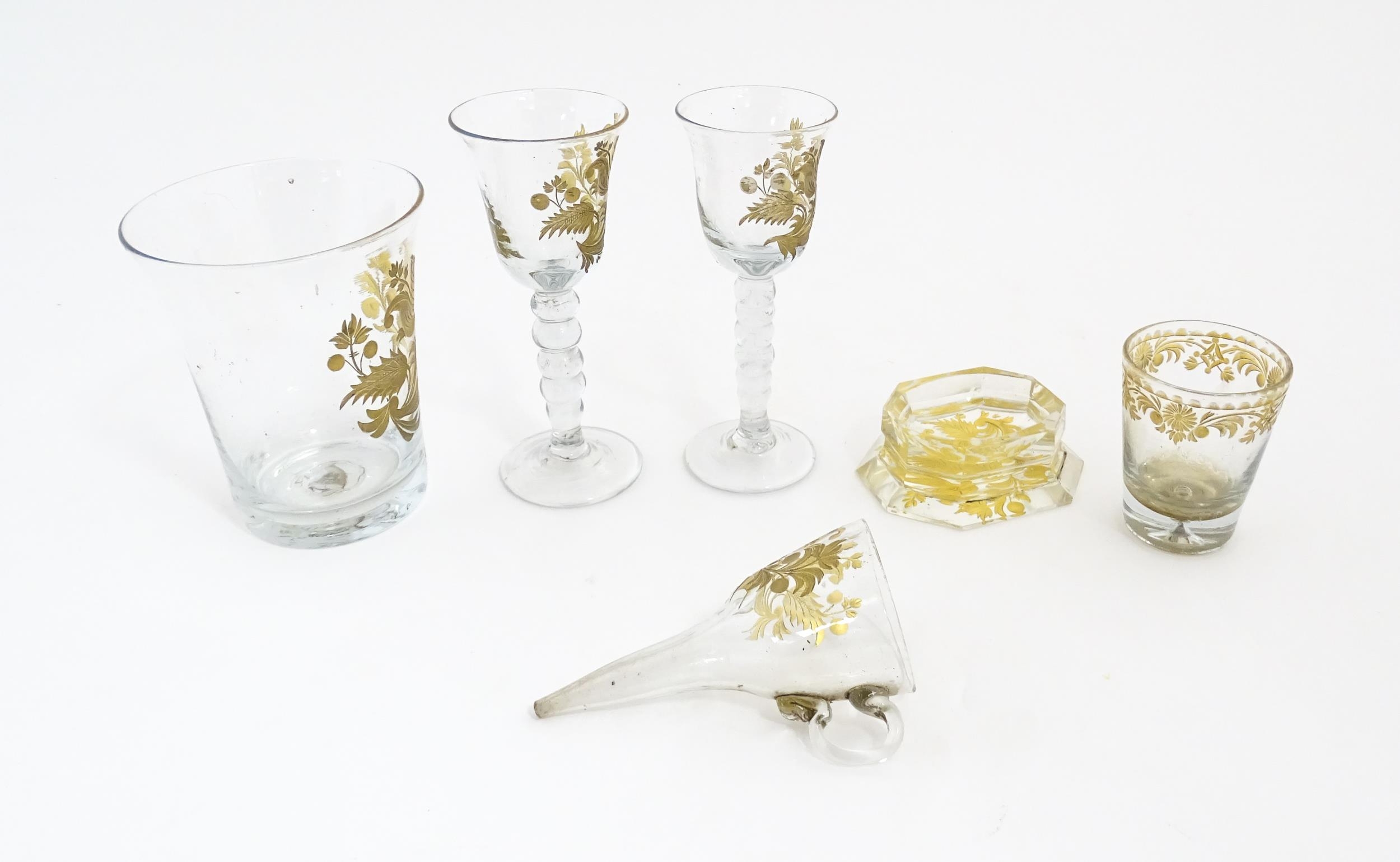 18thC glass to include 18thC wine glasses, beakers, funnel, etc. with engraved gilt foliate and - Image 8 of 11