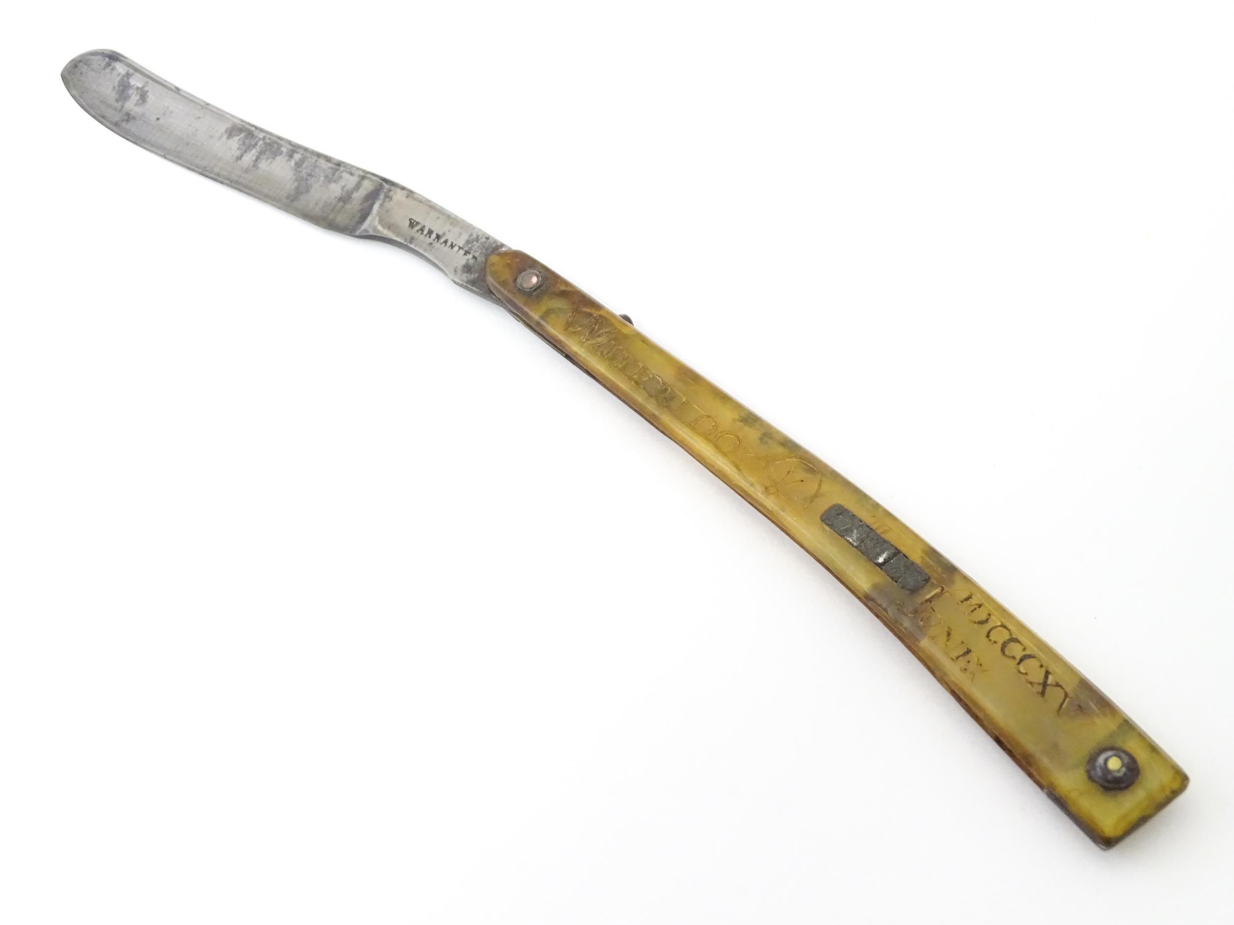 Militaria : a 19thC straight razor, the horn handle inscribed 'Adam Chalmers Lt Inft 79th' and ' - Image 3 of 15