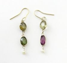 Gilt metal drop earrings set with coloured tourmalines. Approx 1 1/4" long Please Note - we do not