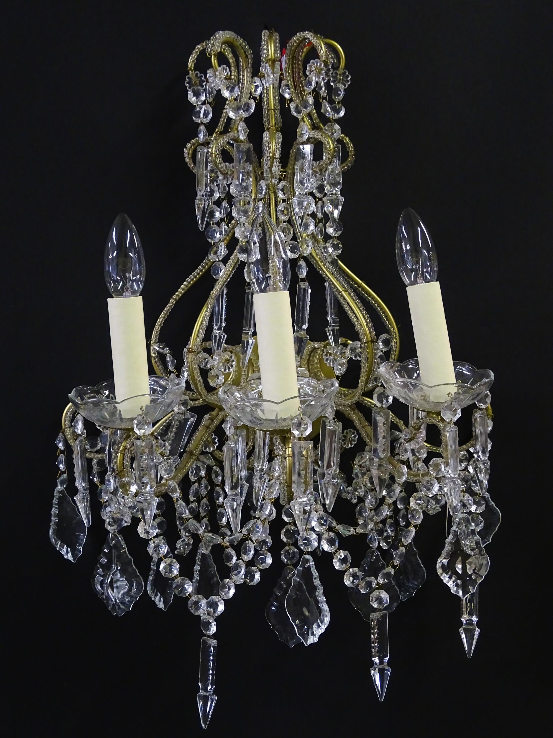 Four Italian wall lights having three branches, and lustre drops. Approx. 18" wide (4) Please Note - - Image 5 of 13