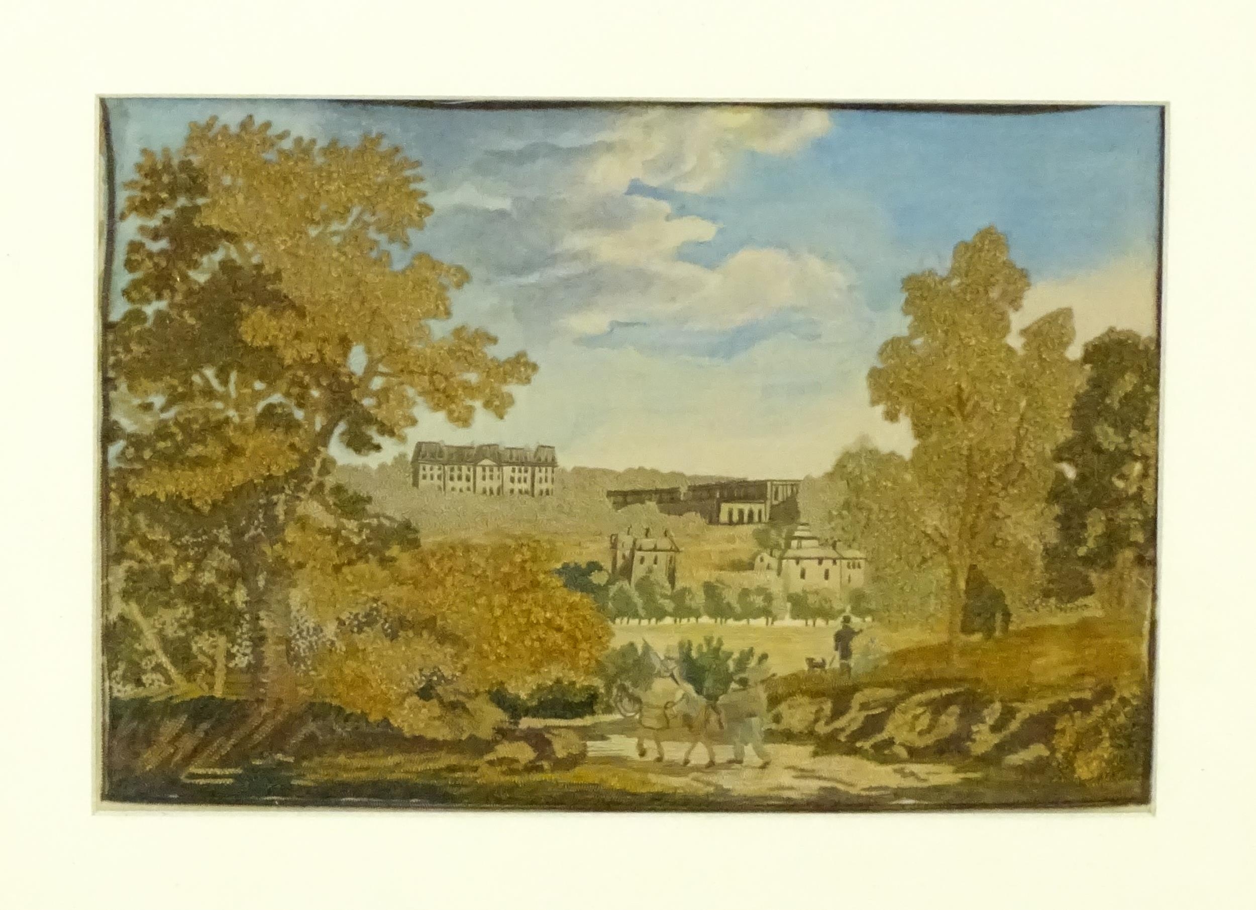 An early 19thC stumpwork / needlework embroidery depicting a landscape with a gentleman and lady - Image 3 of 3