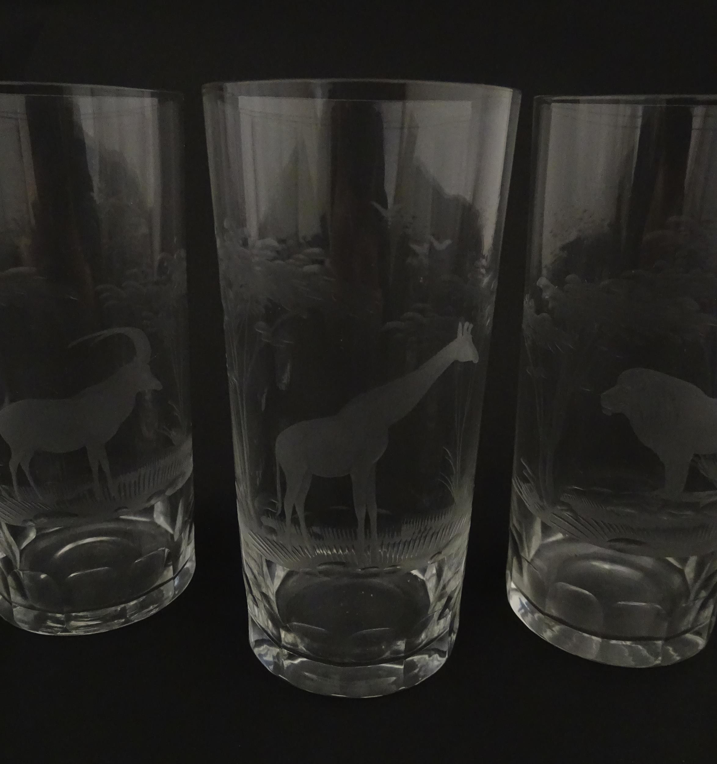Six Rowland Ward highball glasses with engraved Safari animal detail. Unsigned. Approx. 5 1/2" - Image 12 of 17