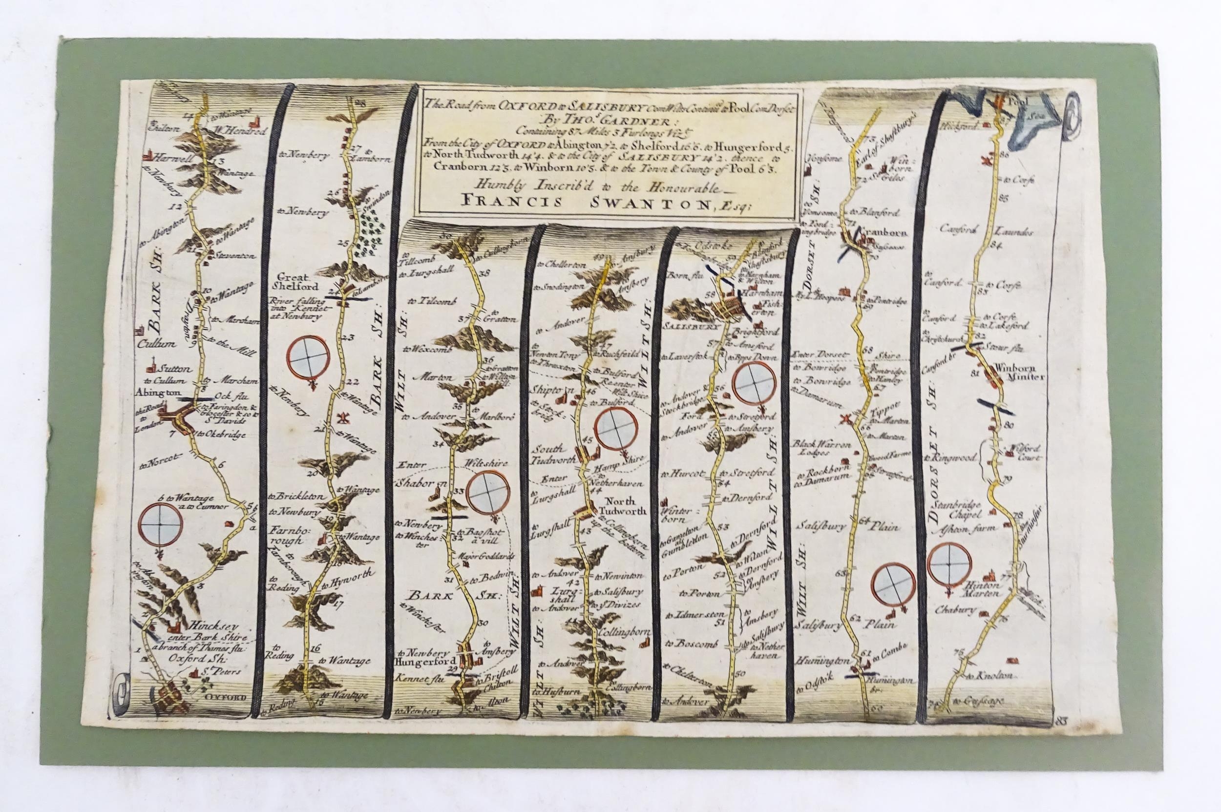 Map: An 18thC engraved strip map with hand colouring titled The Road from Oxford to Salisbury by - Image 3 of 5