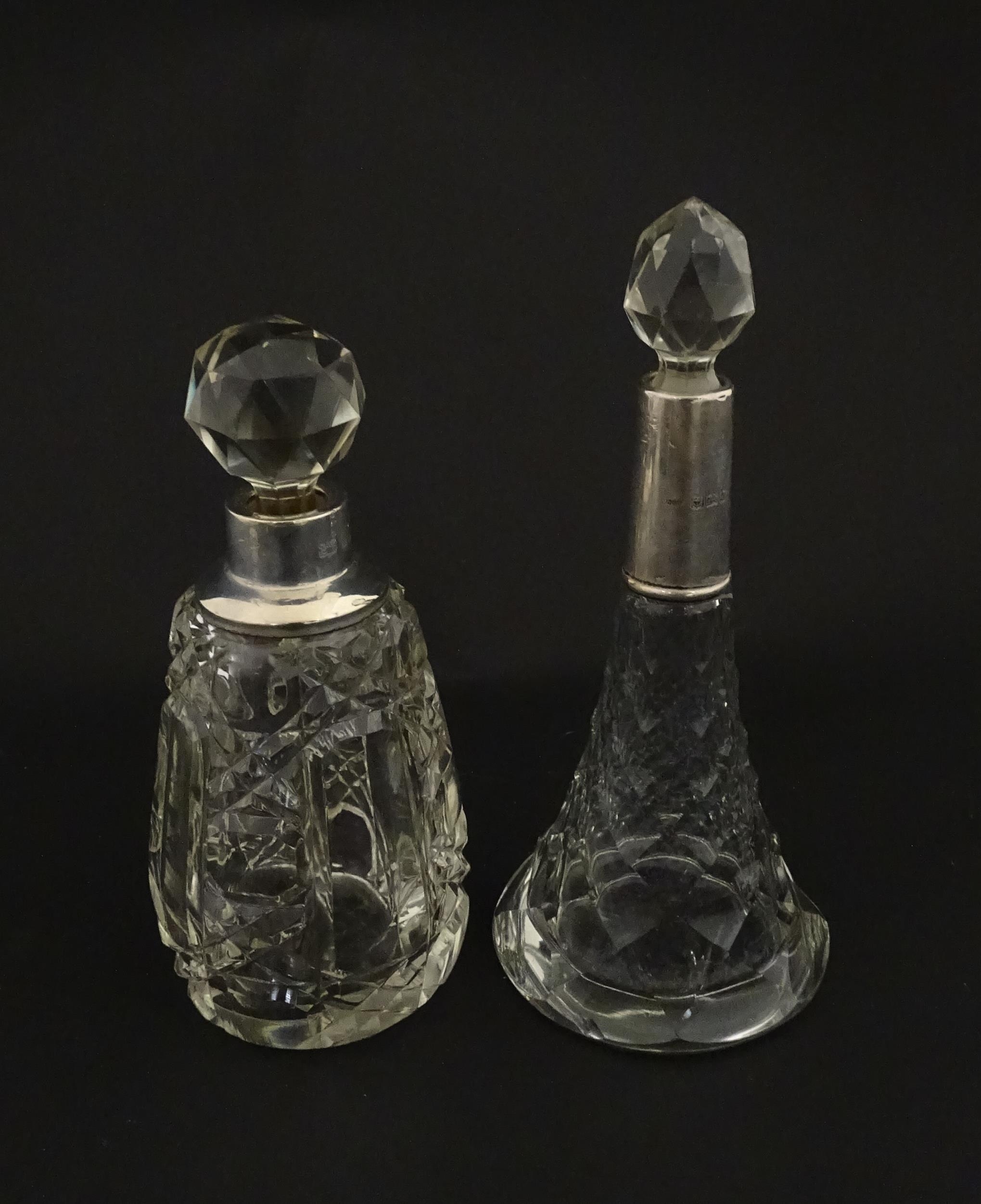 Two cut glass scent / perfume bottles with silver mounts, one hallmarked Birmingham 1921, maker A - Image 9 of 15