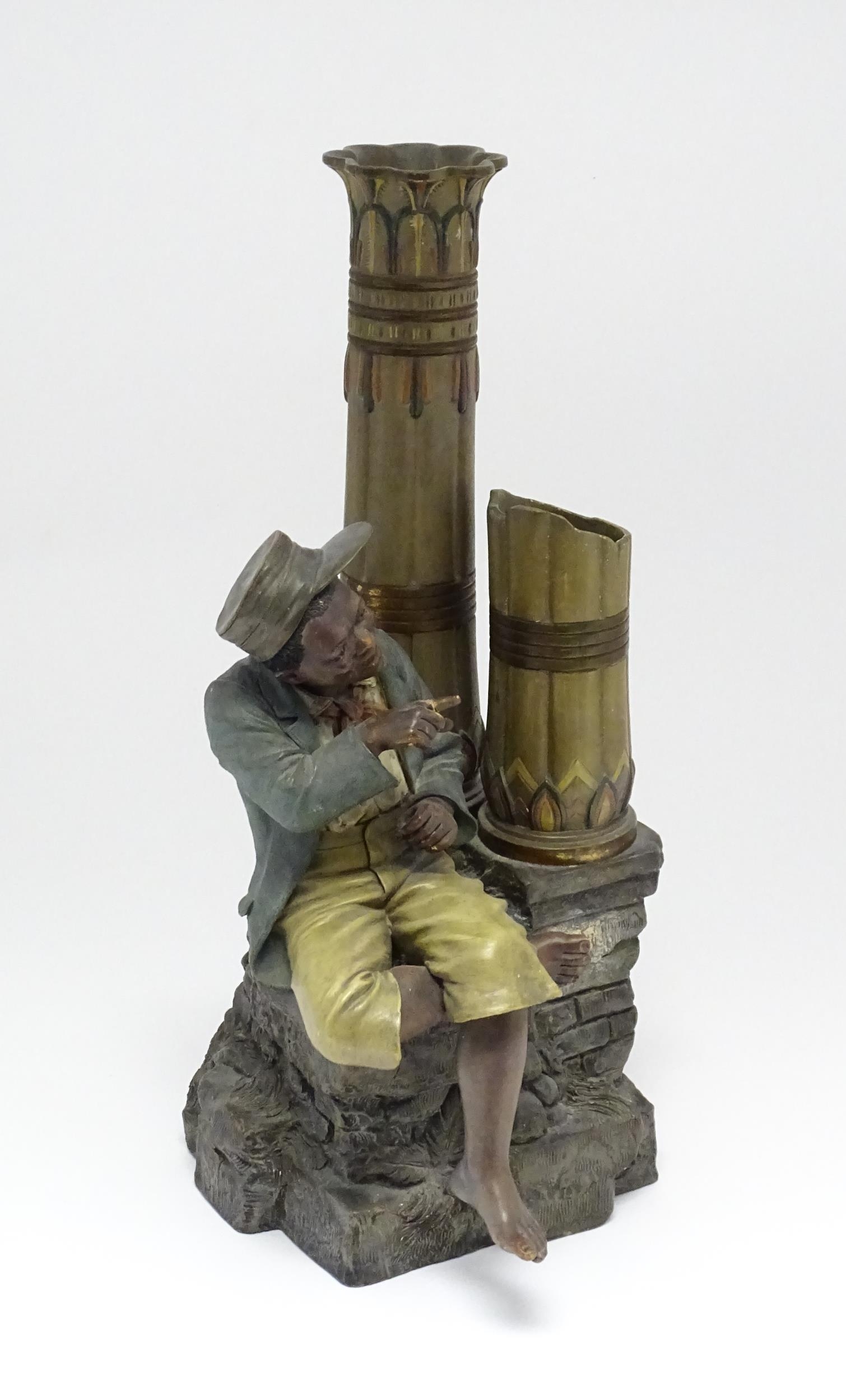 A late 19thC terracotta figure of a boy with decorative columns, having polychrome decoration, by - Image 6 of 11