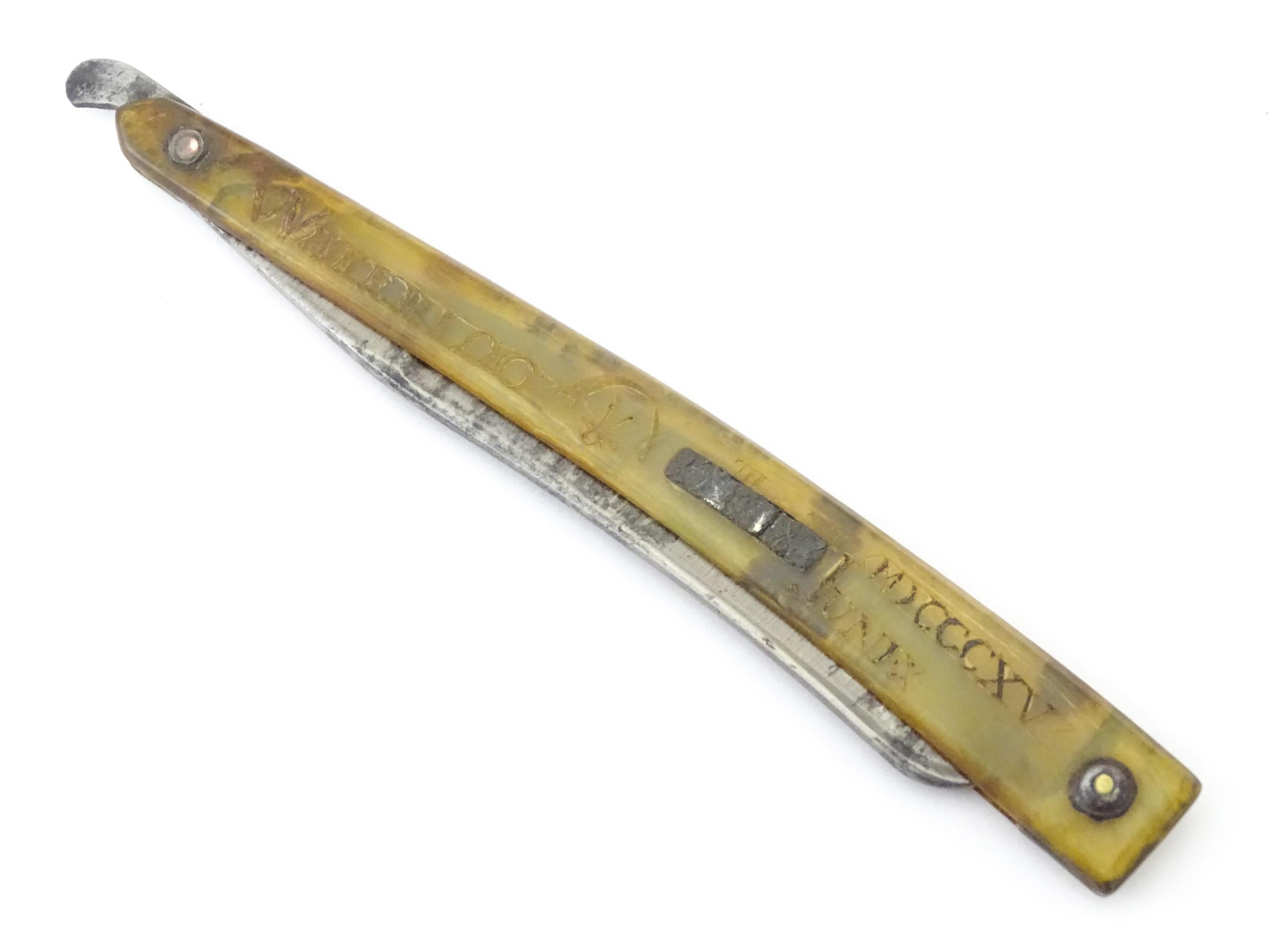 Militaria : a 19thC straight razor, the horn handle inscribed 'Adam Chalmers Lt Inft 79th' and ' - Image 2 of 15