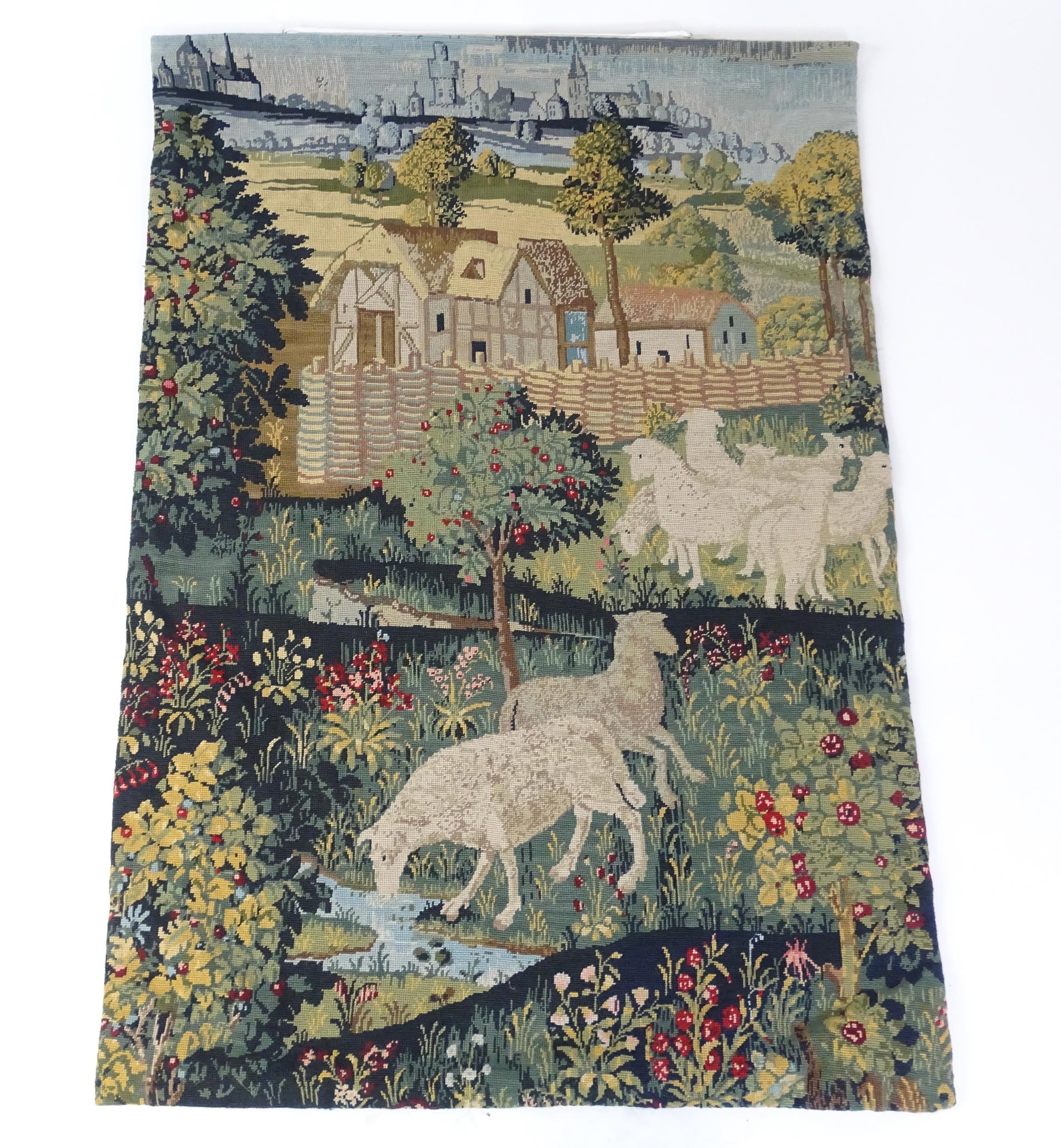 Two 20thC Continental tapestries one depicting sheep grazing with town beyond, the other depicting a - Image 3 of 21