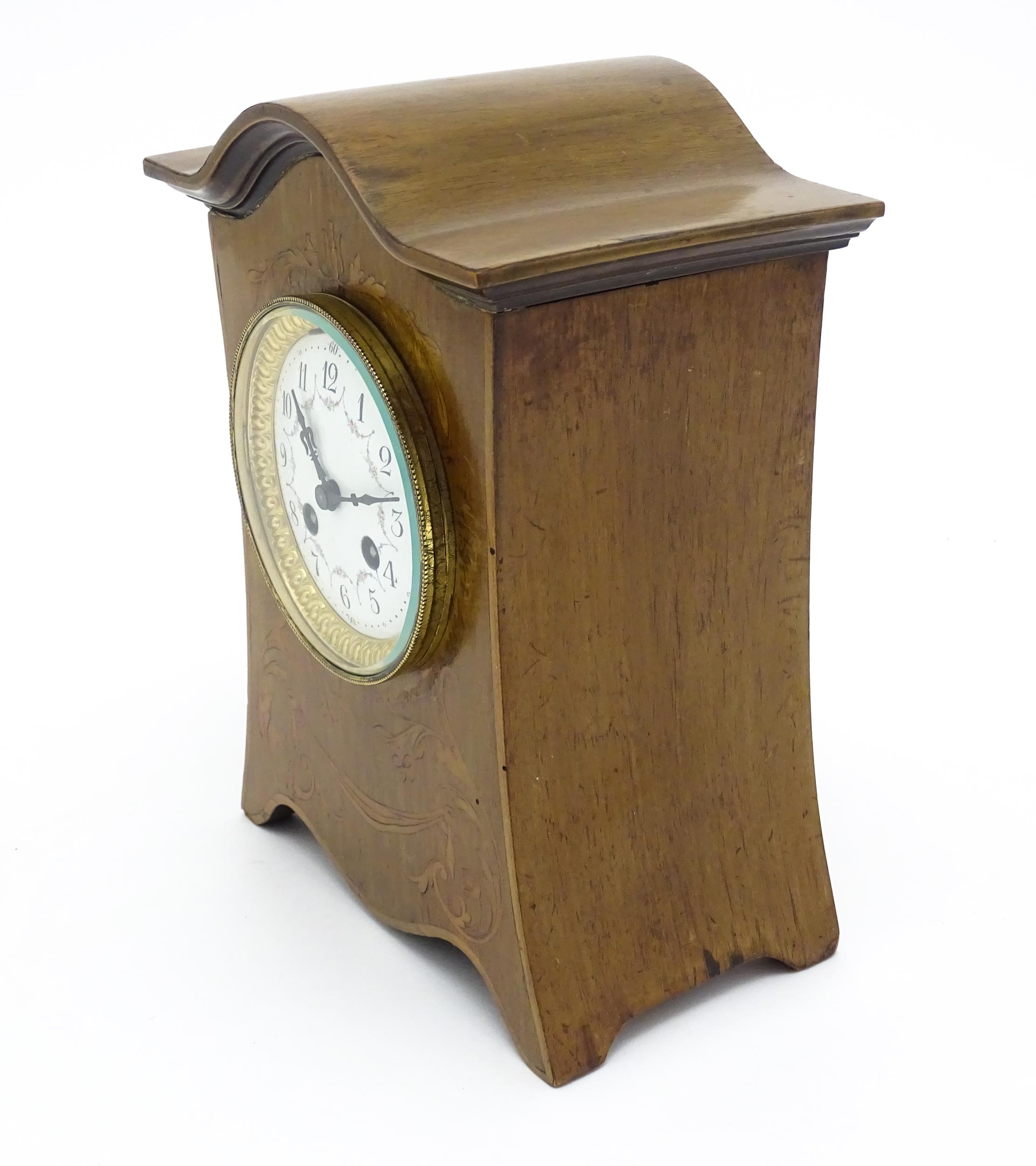 A late 19thC / early 20thC mahogany cased French mantle clock with satinwood inlay and white - Image 2 of 10