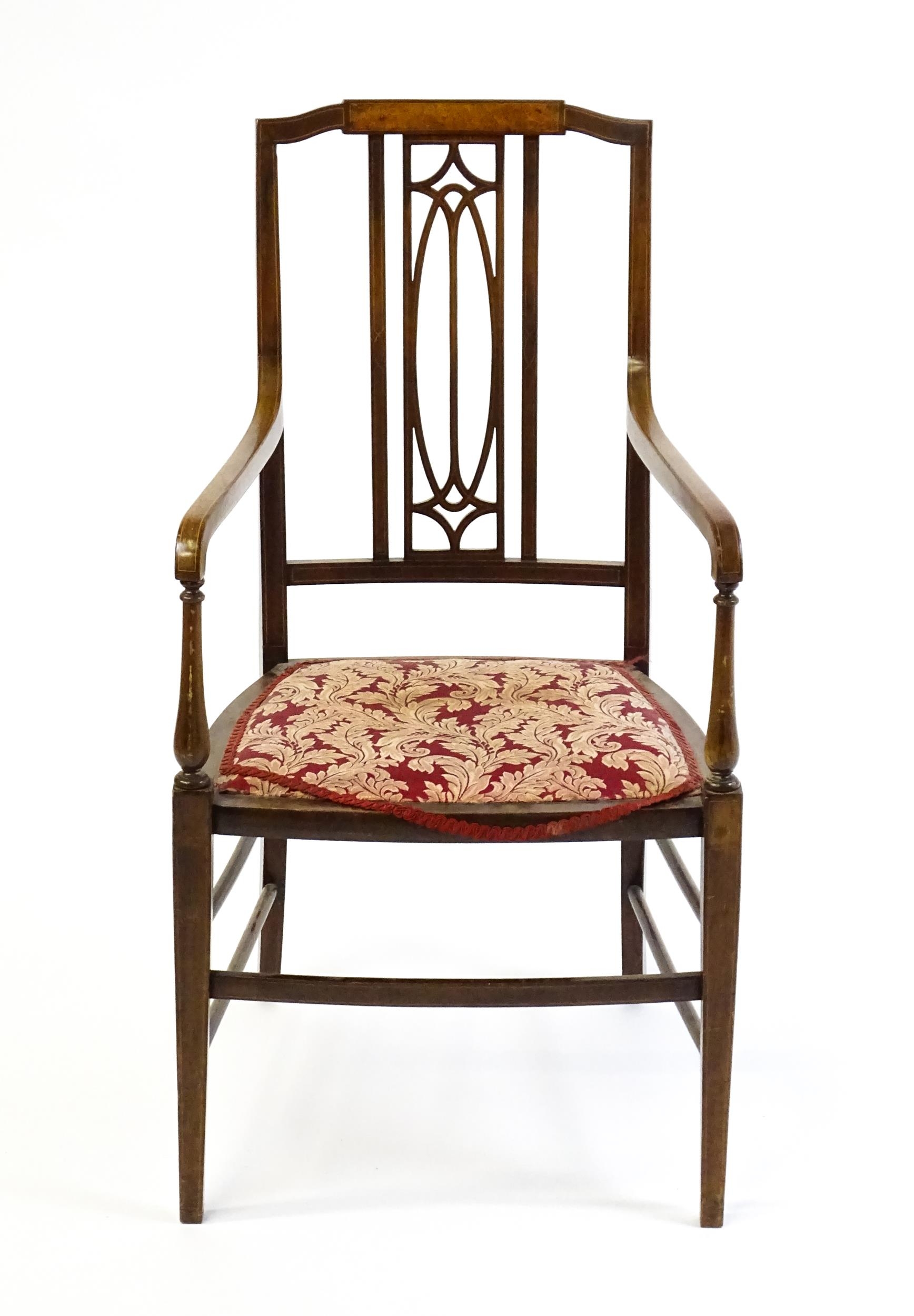 An Edwardian elbow chair with a burr walnut veneered top rail, a pierced back splat and swept arms - Image 4 of 5