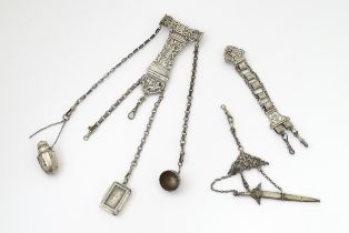 Three various white metal and silver plate 19thC chatelaine one with 19thC silver vinaigrette