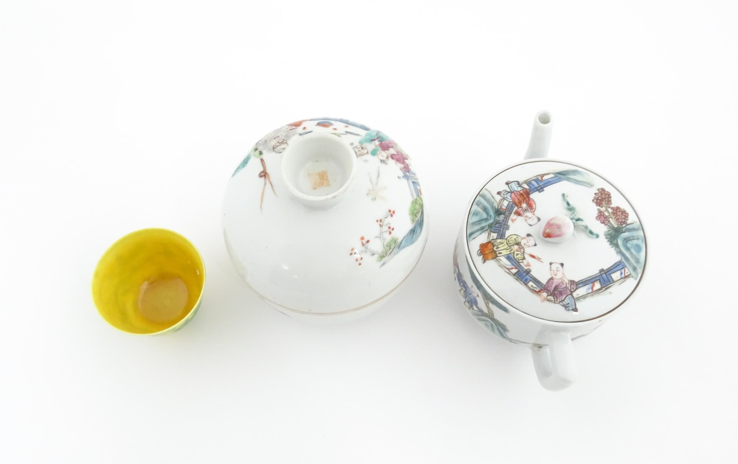 Three Chinese items comprising a famille rose pot and cover decorated with figures, a teapot - Image 8 of 14