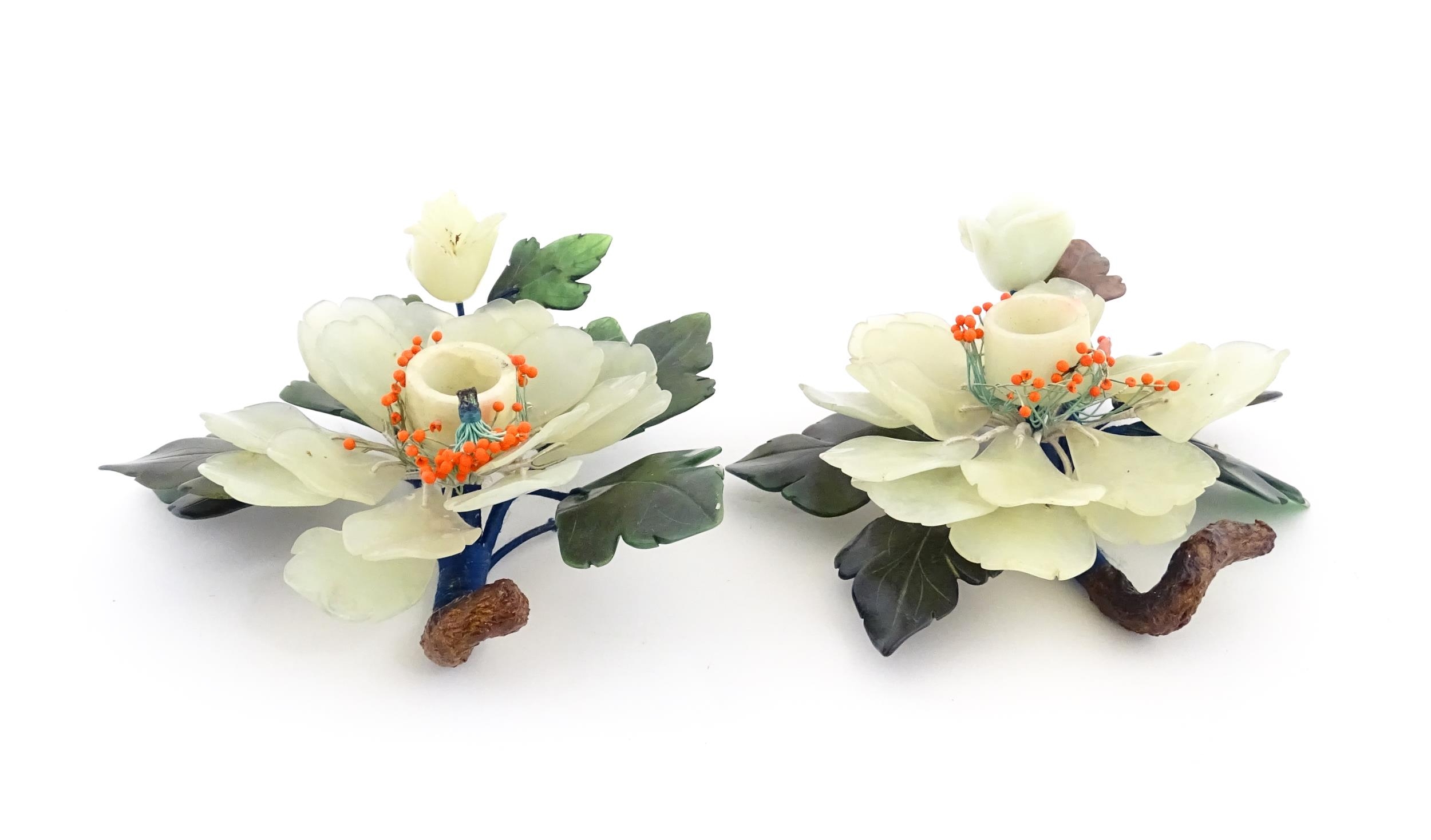 Two Chinese hardstone flower groups with bead detail. Together with a hardstone model of a bunch - Image 8 of 15