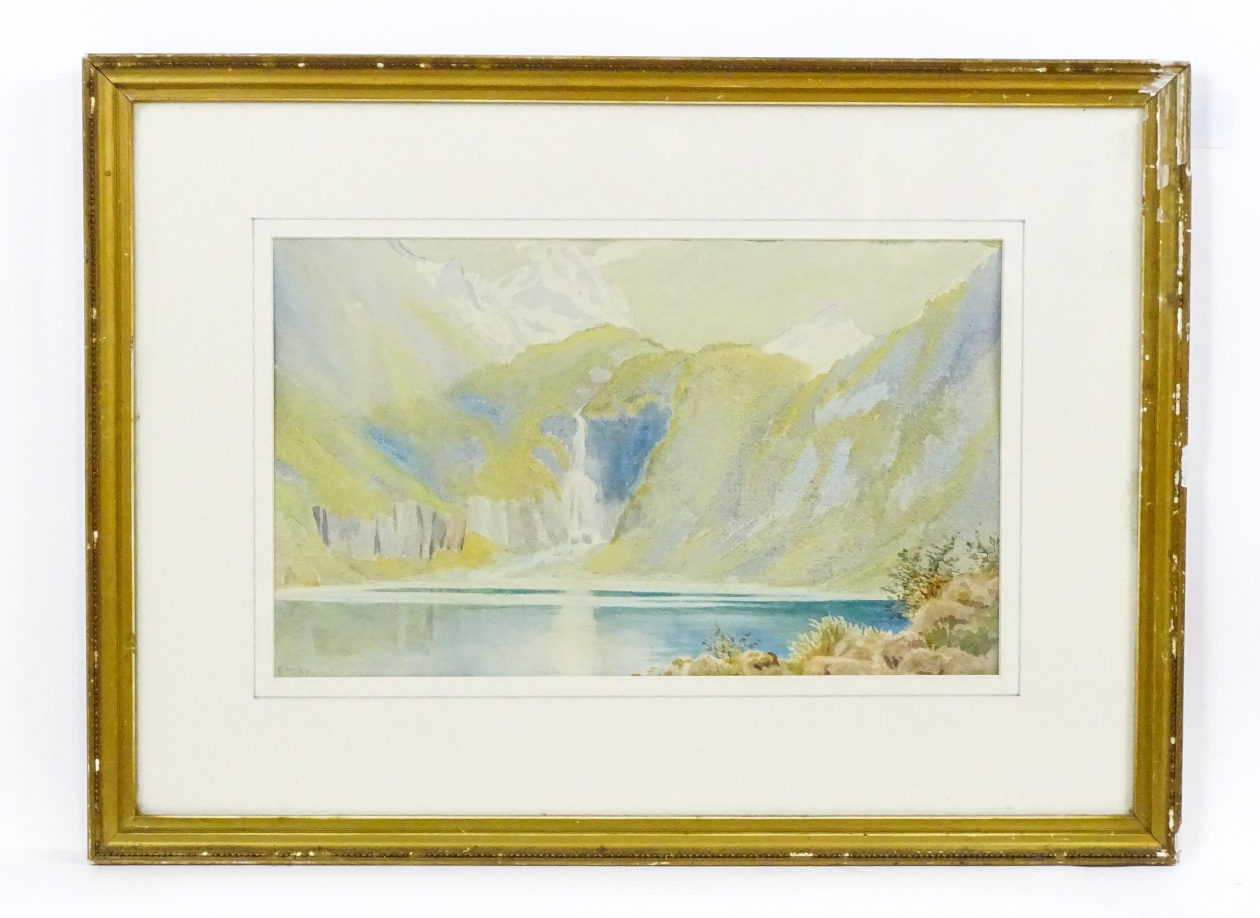 Edith Pinhey, Early 20th century, Watercolour, A Burmese / Myanmar lake scene with mountains and a