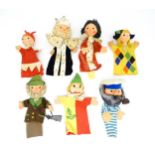 Toys: Seven vintage assorted hand / glove puppets to include king, clown, jester, fisherman, etc.