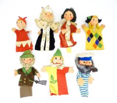 Toys: Seven vintage assorted hand / glove puppets to include king, clown, jester, fisherman, etc.